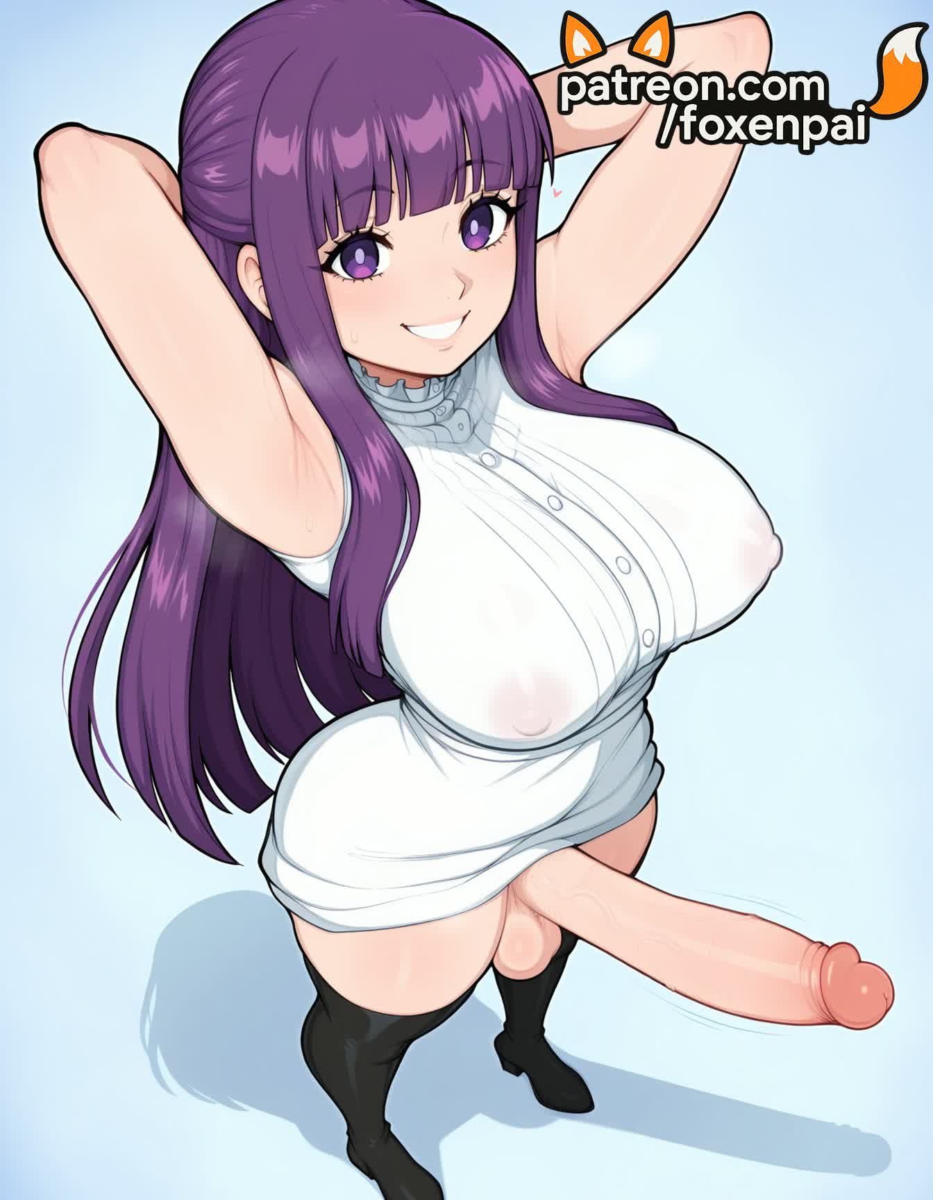 1futa, 2026, ai generated, armpits, artist name, bangs, blunt bangs, breasts, bust, chest, cock, covered nipples, dick, erection, erection under clothes, fern (sousou no frieren), foreskin, foxenpai, futanari, gradient, gradient background, hi res, high quality, high resolution, highres, huge cock, large penis, large testicles, long hair, newhalf, patreon, patreon username, penis, phimosis, precum, purple eyes, purple hair, see-through, sleeveless, smile, solo, sousou no frieren, stable diffusion, testicles, thighhighs, uncensored, watermark