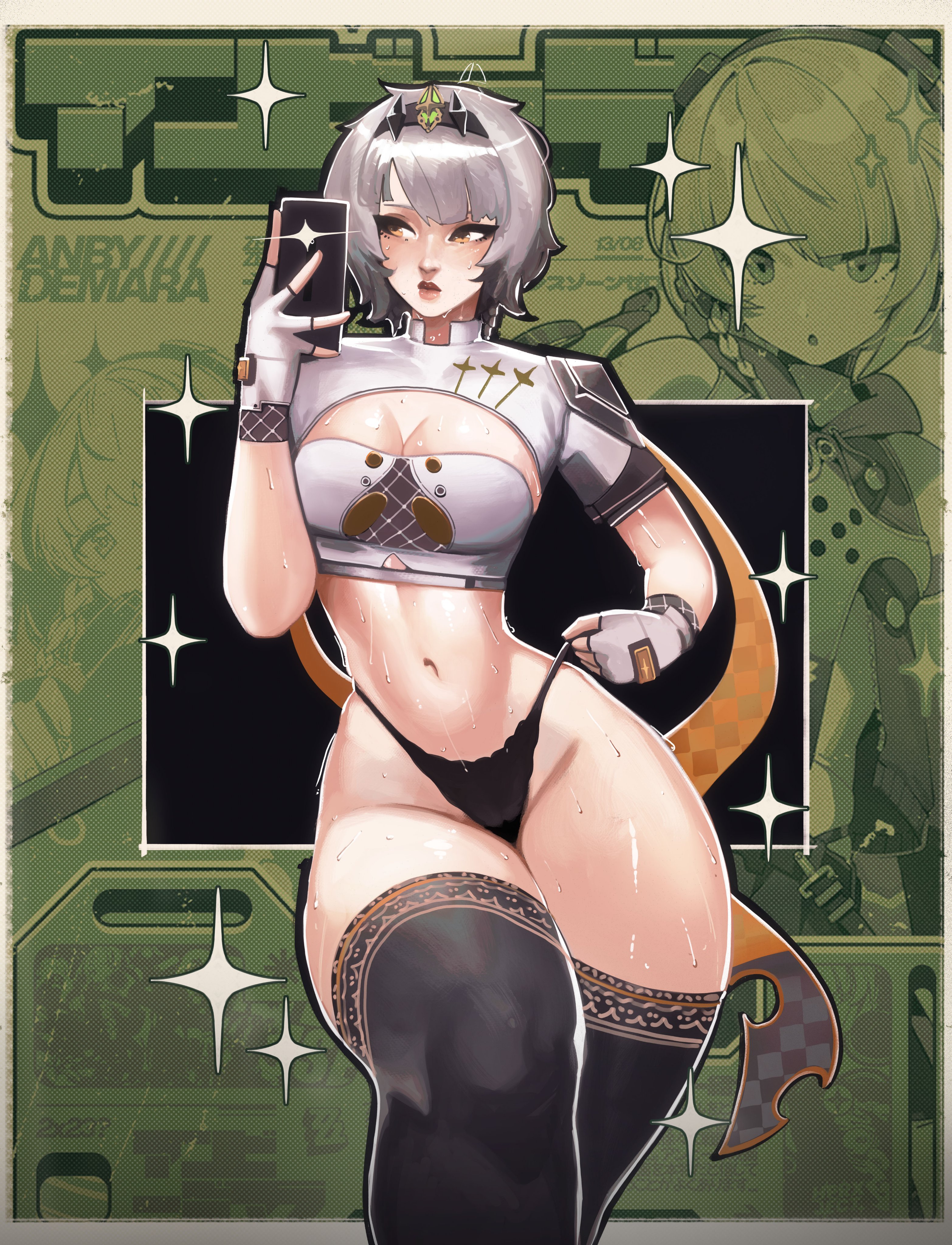 1girls, anby demara, breasts, female, female focus, female only, franzilla, large breasts, light skin, light-skinned female, looking at viewer, solo, thick thighs, thighhighs, thighs, wide hips, zenless zone zero