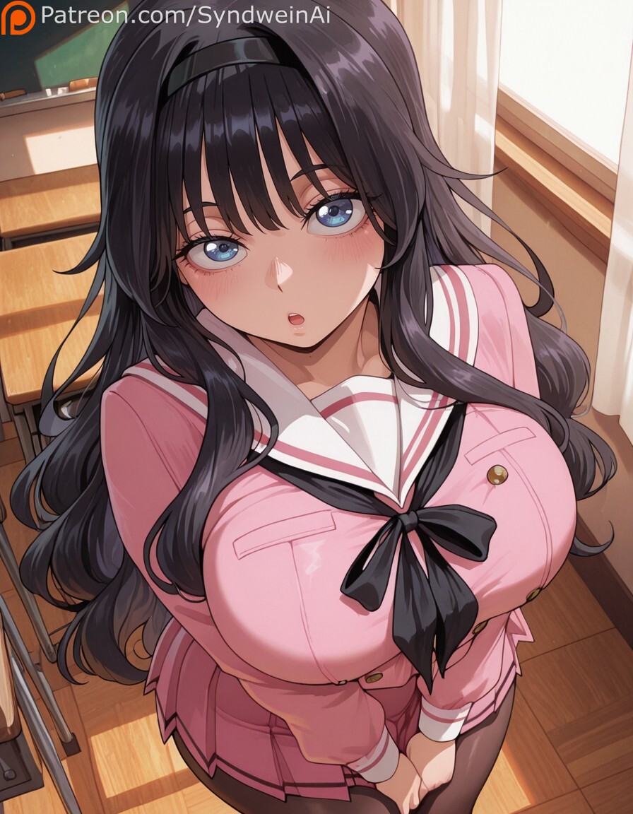 ai generated, big ass, big breasts, big eyes, black hair, blush, cute, kaoru hana wa rin to saku, syndweinai, thick, thick ass, thick hips, thick legs, thick thighs, waguri kaoruko