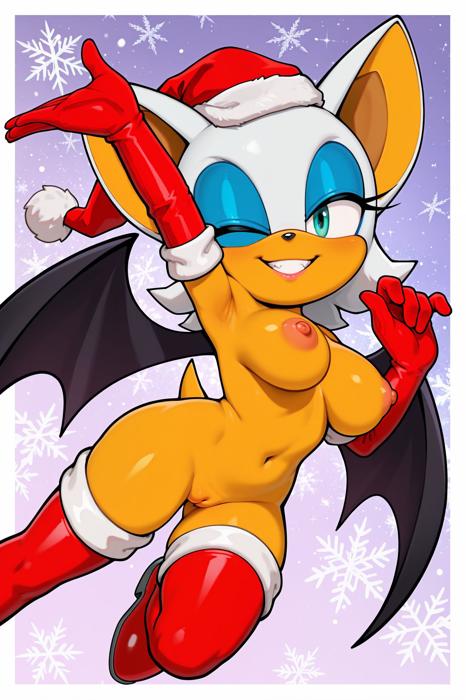 ai generated, animal ears, anthro, bat, bat wings, blue eyeshadow, boots, christmas, clothes, elbow gloves, eyelashes, eyeshadow, female, furry, gloves, green eyes, katalystnya, large breasts, lipstick, looking at viewer, makeup, naked, nipples, partially clothed, pussy, red boots, red gloves, rouge the bat, santa hat, sega, sharp teeth, smile, snowflake background, solo, sonic (series), sonic the hedgehog (series), tail, tan skin, teeth, thick thighs, thigh high boots, thighs, white hair, wings, wink, winking