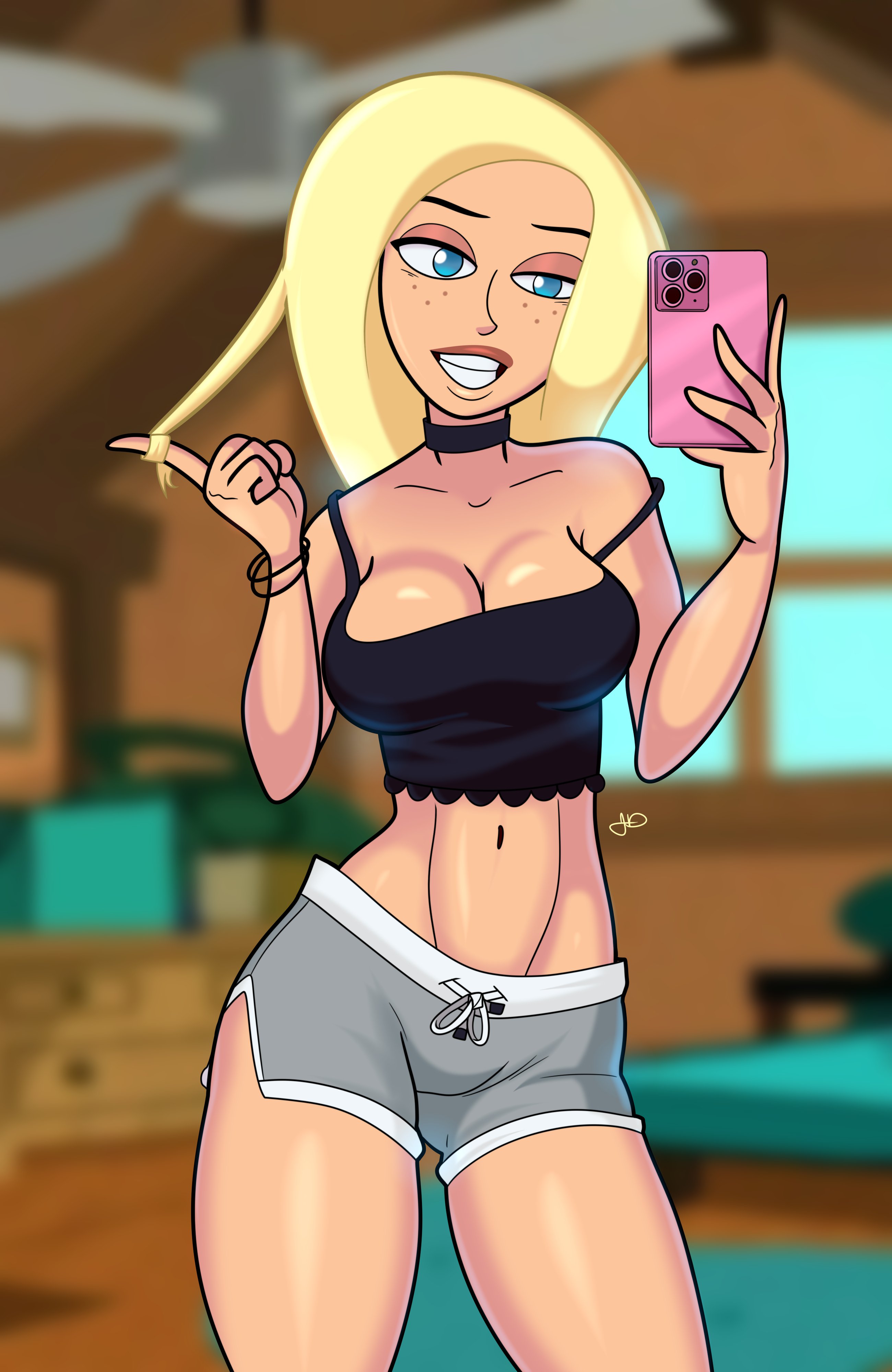 1girls, 2d, athletic, athletic female, belly button, big breasts, blonde hair, cleavage, disney, disney channel, female, female focus, female only, freckles, hourglass figure, jessica (kim possible), jumpdriiver, kim possible, navel, selfie, selfie pose, tagme, wide hips