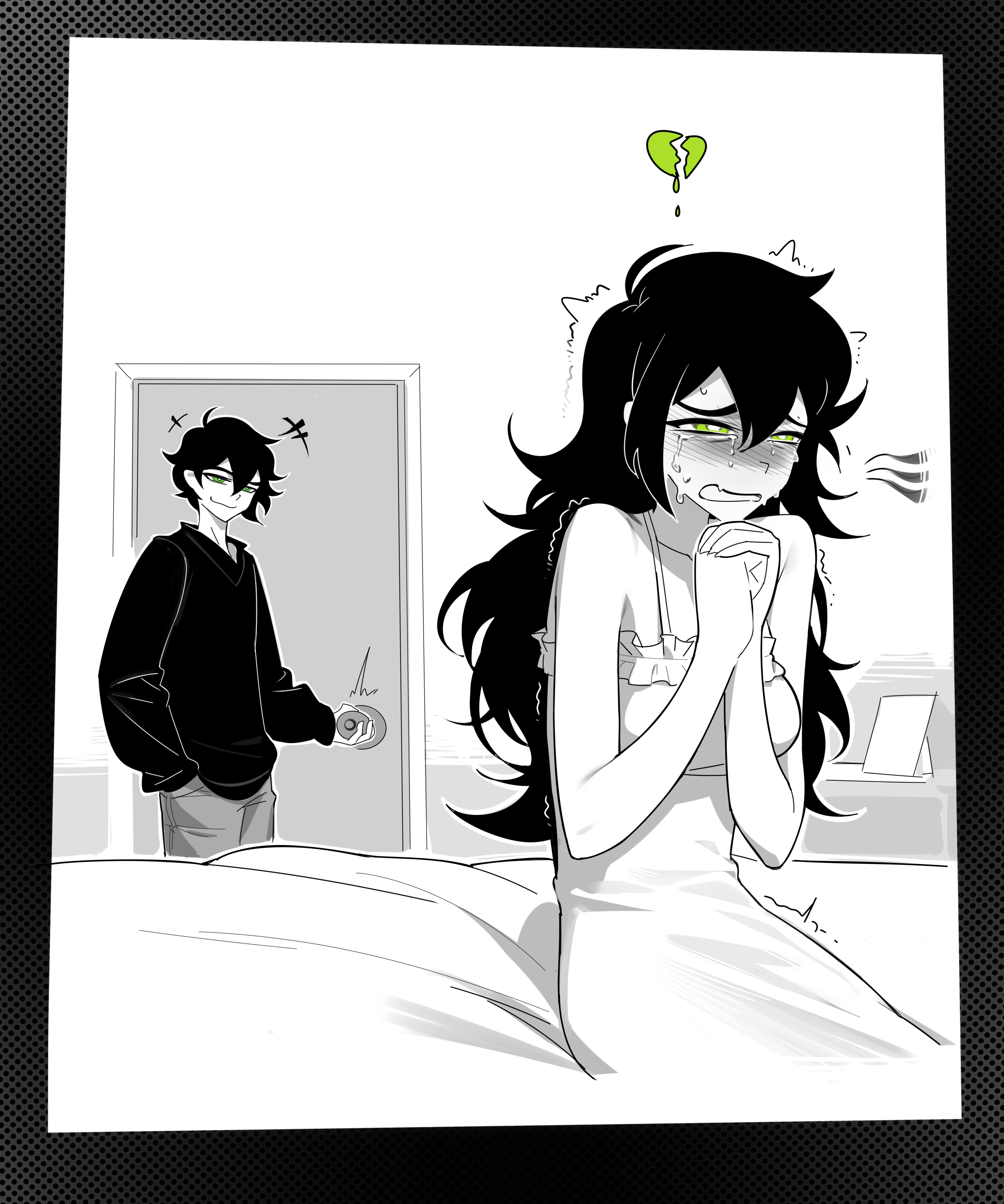 1boy, airloopy, andrew graves, bare shoulders, black hair, black sweater, blush, broken heart, closing door, crying, female, hand in pocket, heart, highres, long hair, mother and son, nervous sweating, nightgown, on bed, praying, renee graves, sitting, smug, sweat, sweater, the coffin of andrew and renee, the coffin of andy and leyley, trembling