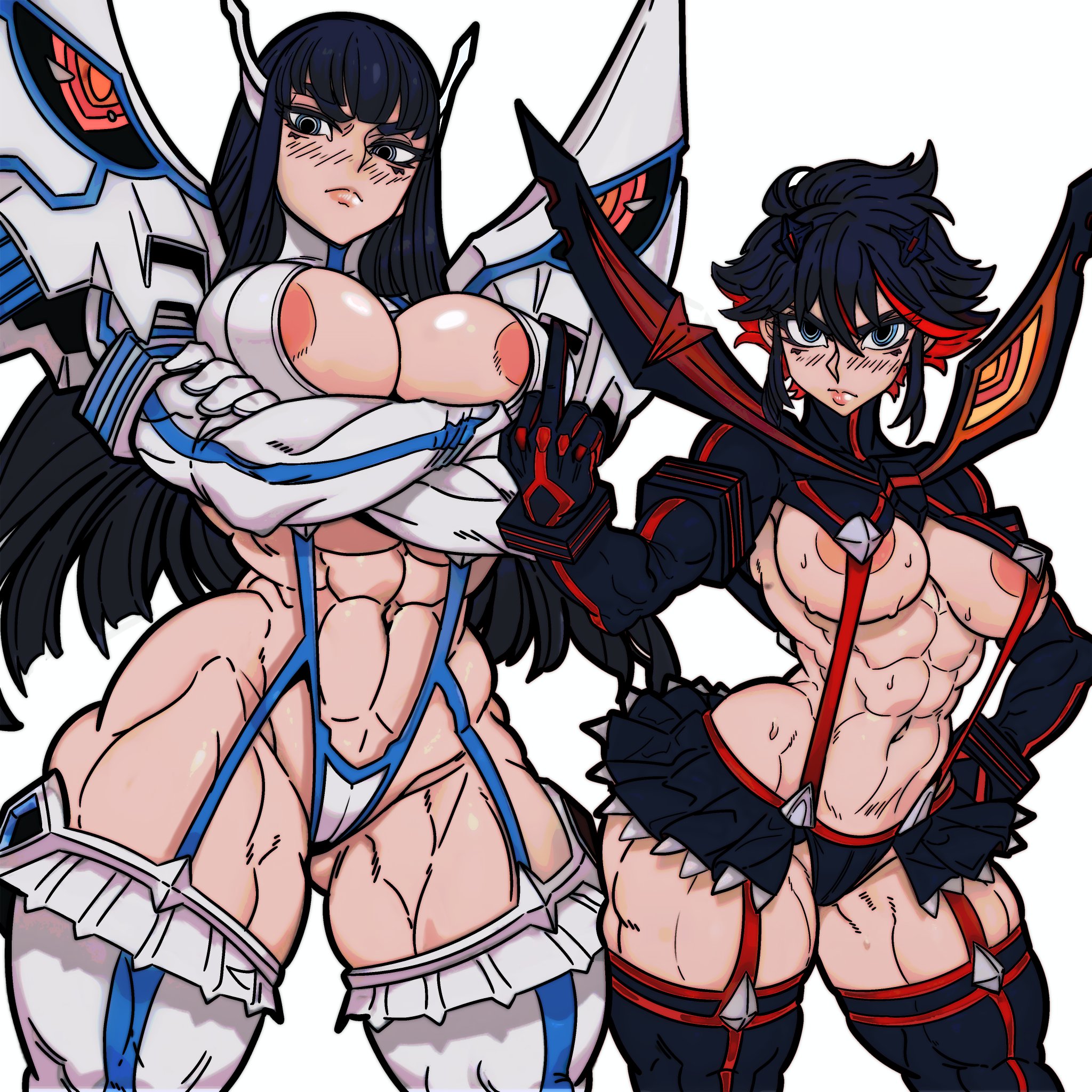 2girls, 5 fingers, abs, areola, areola slip, areolae, areolae slip, big breasts, big muscles, big thighs, black hair, black-haired female, blue eyes, blush, bodily fluids, bottomwear, breasts, clothed, clothed female, clothing, crossed arms, female, female only, hair, half naked, half nude, hi res, hips, hourglass figure, huge breasts, huge thighs, human, junketsu, kill la kill, kiryuuin satsuki, lips, living clothes, living clothing, long hair, looking at viewer, massive thighs, master dcj, matoi ryuuko, mdcj77, middle finger, miniskirt, muscles, muscular, muscular arms, muscular female, muscular legs, muscular thighs, no bra, panties, red hair, senketsu, sexy, sexy body, sexy pose, short hair, sibling, siblings, simple background, sister, sisters, size difference, skirt, stockings, sweat, sweatdrop, sweating, sweaty, thick, thick hips, thick legs, thick lips, thick thighs, thighhighs, thighs, thorns, tomboy, top heavy, topwear, two tone hair, two-tone hair, voluptuous, voluptuous female, wide hips