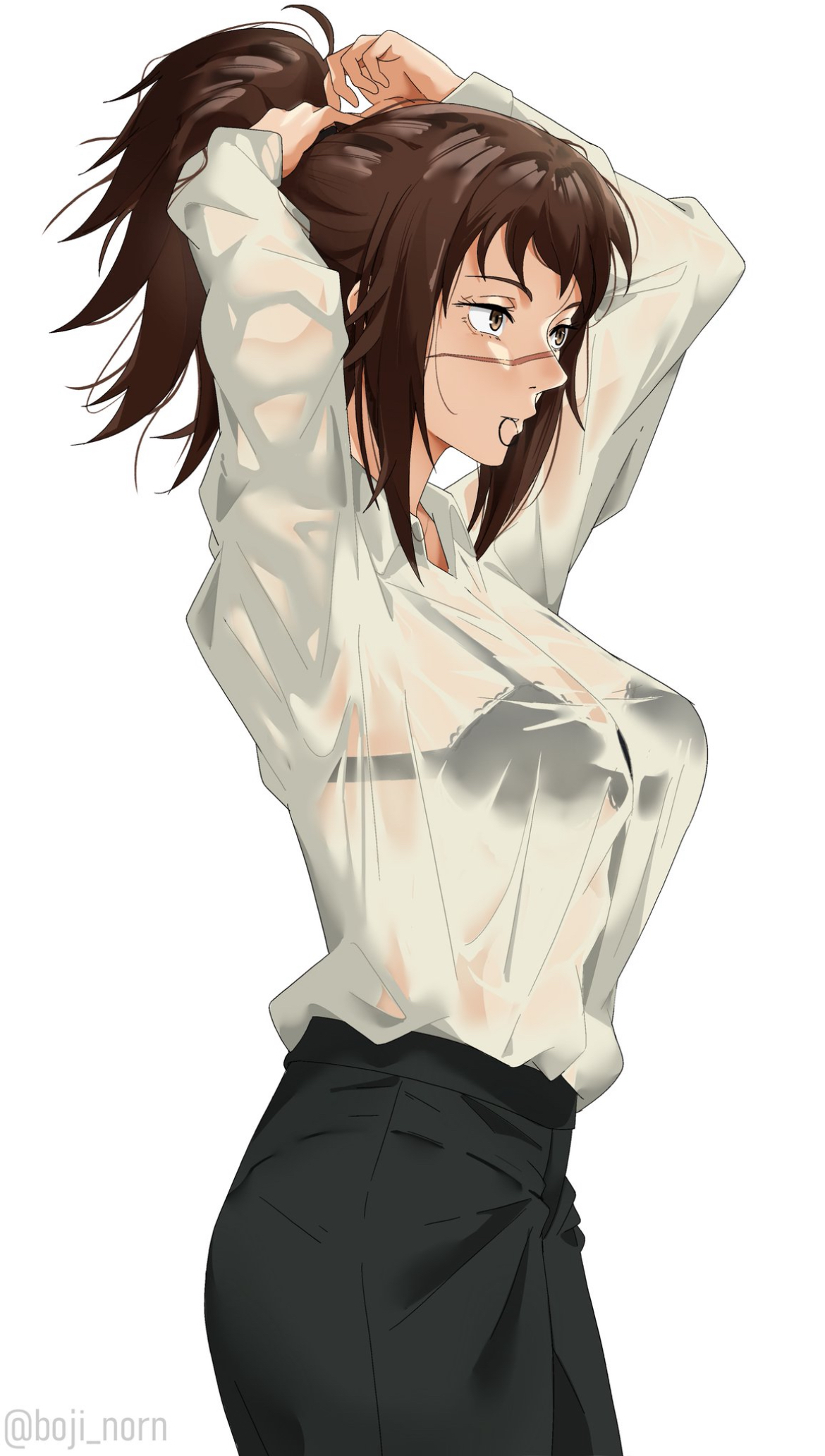 asian, asian female, belly, boji norn, bra, bra visible through clothes, breasts, breasts visible through clothing, brown eyes, brown hair, chainsaw man, curvy, curvy female, curvy figure, cute, cute face, cute female, female, female focus, female only, hair up, japanese, japanese female, medium breasts, pale skin, pale-skinned female, pants, scars, scars on face, see-through clothing, see-through shirt, sexy, sexy body, sexy female, slim waist, solo, solo female, solo focus, tendou michiko, tiny waist, tummy, tying hair