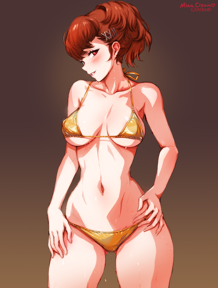 1girls, artist name, bare arms, bare shoulders, bikini, blush, breasts, brown background, cleavage, collarbone, cowboy shot, dated, gluteal fold, gold bikini, gradient background, hair ornament, hairclip, highres, kotone shiomi, large breasts, minacream, navel, parted lips, persona, persona 3, persona 3 portable, ponytail, red eyes, red hair, short hair, smile, solo, sweat, swimsuit, x hair ornament, yellow bikini