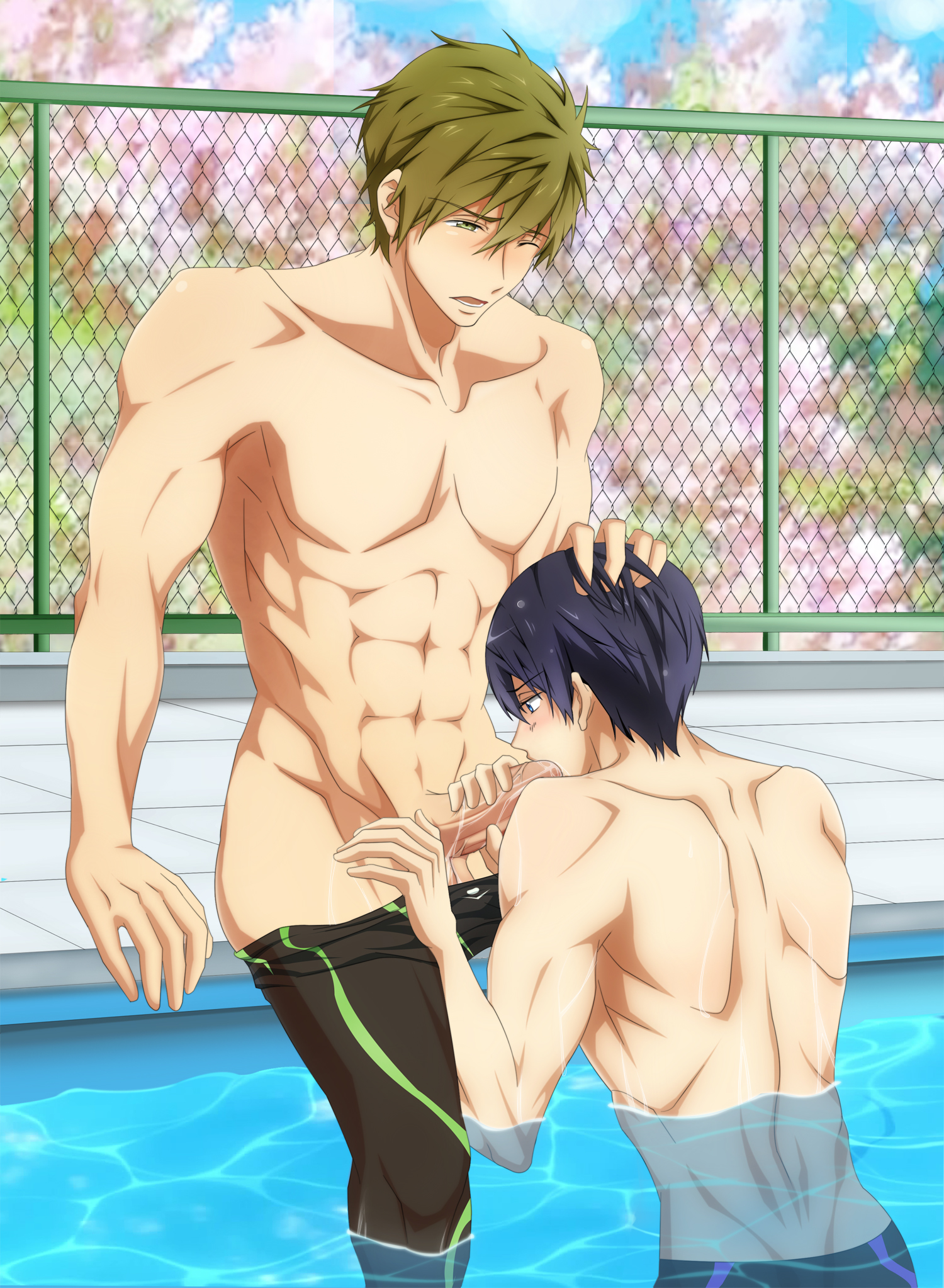2boys, black hair, blue eyes, brown hair, collarbone, fellatio, free!, green eyes, hand in hair, hand on head, katze (776642), male, male only, multiple boys, multiple males, muscles, nanase haruka (free!), open mouth, oral, outside, pool, public, saliva, short hair, sitting, swim trunks, tachibana makoto, topless, uncensored, undressing, water, wince, yaoi