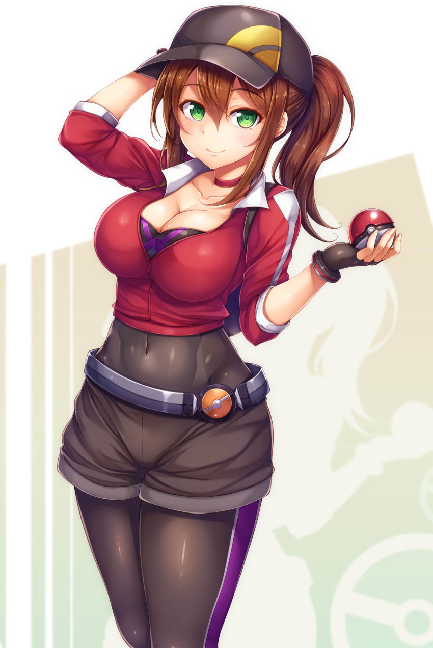 1girls backpack bag baseball_cap belt big_breasts black_gloves black_legwear blush breasts brown_hair choker cleavage closed_mouth clothed collarbone covered_navel female female_only female_protagonist_(pokemon_go) fingerless_gloves gloves green_eyes hat horny human jacket large_breasts long_hair looking_at_viewer navel nintendo poke_ball pokemon pokemon_go ponytail see-through shorts smile snowcanvas solo standing tied_hair tights track_jacket