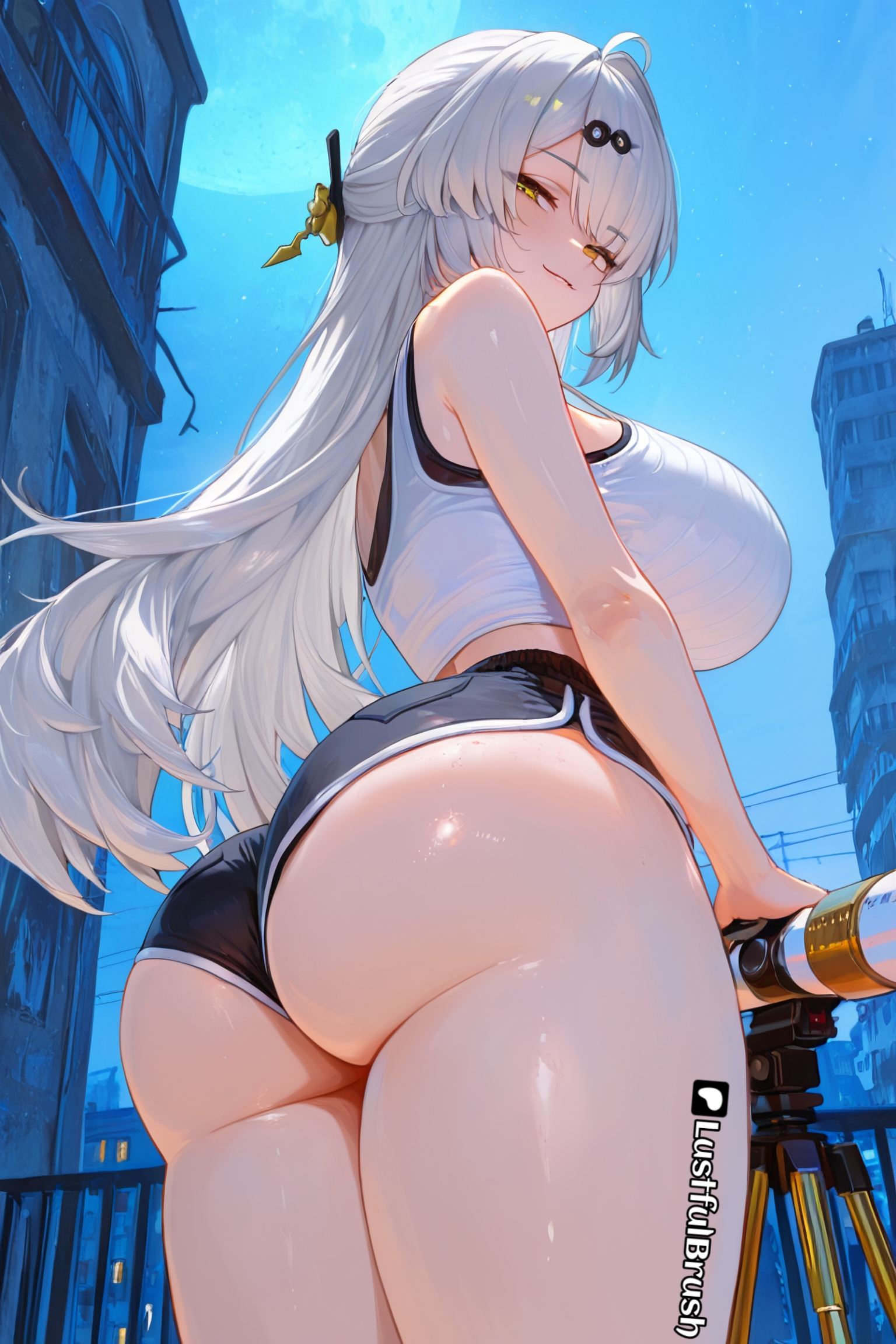 ai generated, ass focus, female, female only, huge breasts, low-angle view, lustfulbrush, round ass, shorts, thick thighs, white topwear, yixuan (zenless zone zero), zenless zone zero