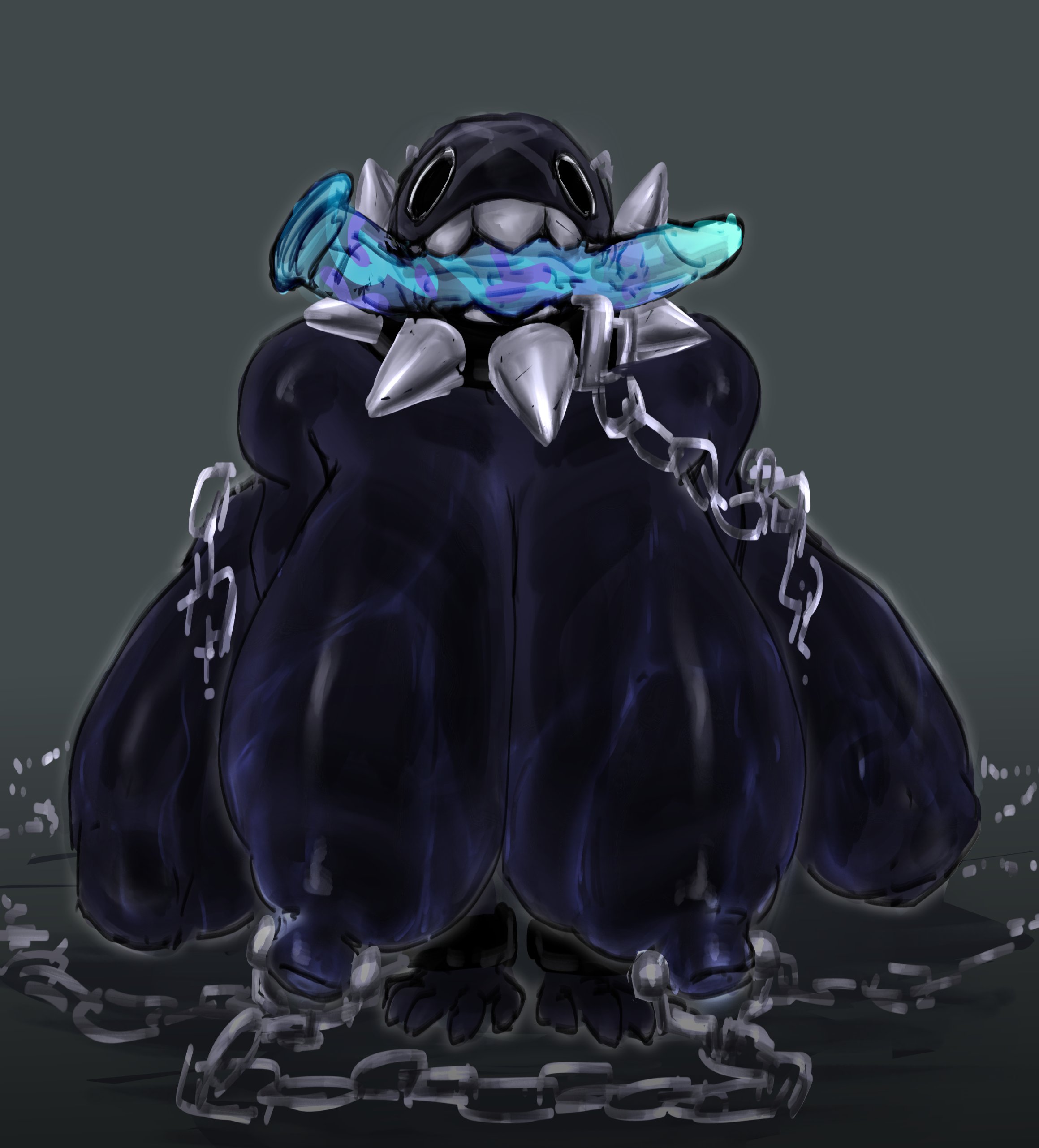 anthro, areola, ass, belly, big breasts, big butt, black body, breast grab, breast squish, breasts, breasts bigger than head, chain chomp, chains, dildo, dildo in mouth, female, gigi (thecoatl034), glistening, glistening body, hand on breast, huge breasts, huge butt, huge hips, huge thighs, hyper, hyper breasts, mario bros, nintendo, nipple chain, nipple piercing, nipples, open mouth, piercing, solo, squish, thick thighs, wide hips, wu90116501