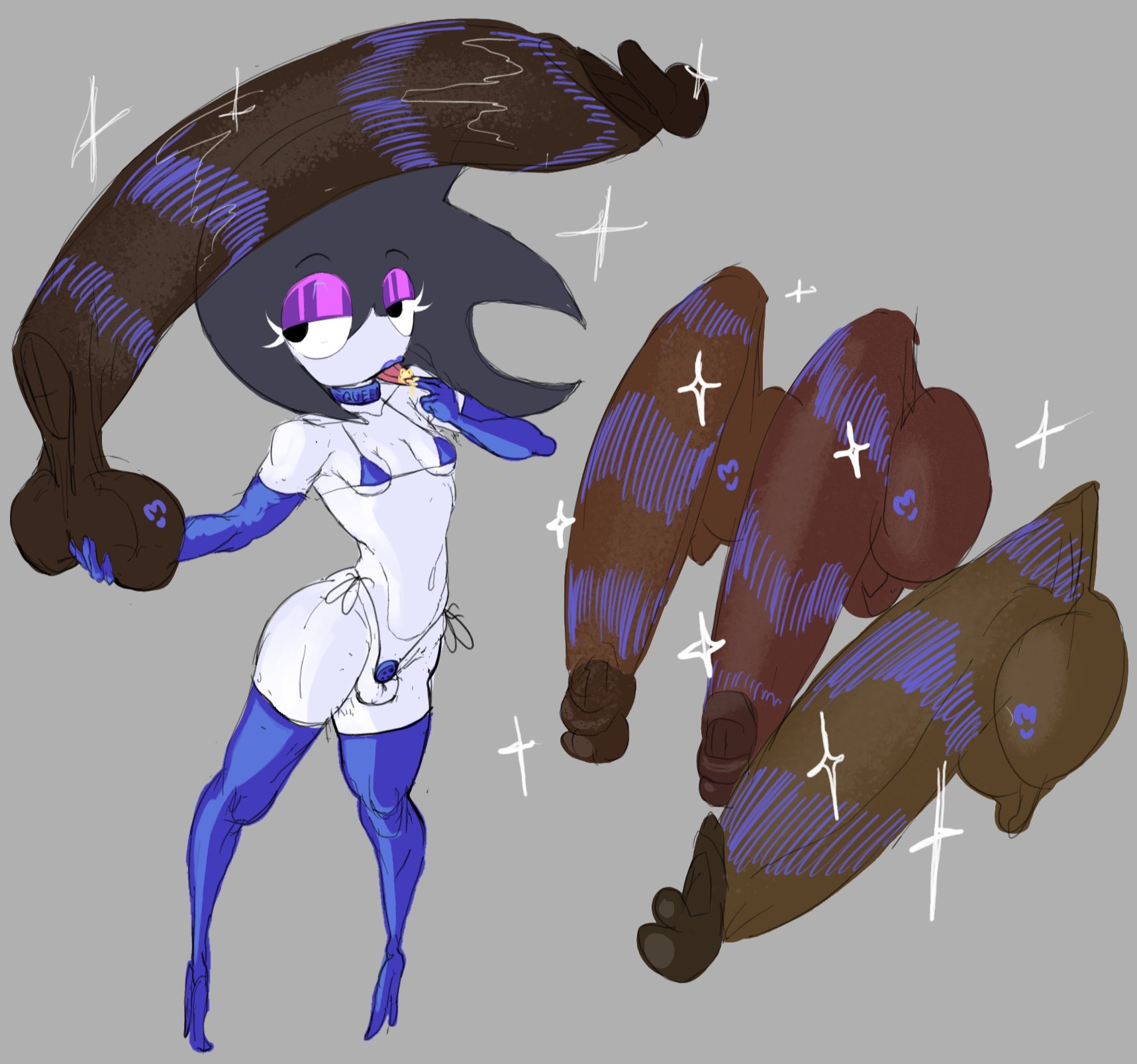 1boy, 2025, 2d, after sex, arm gloves, balls, balls fondling, big balls, big penis, big testicles, blue kiss mark, blue kiss mark on penos, blue lips, blue lipstick, blue lipstick mark, blue lipstick mark on penis, blue skin, character request, chastity cage, cleaning cock, cock shock, color, dark blue hair, dark skinned male, disembodied penis, disembodied penises, eyelashes, eyeshadow, fanart, femboy, femboy focus, flat chastity cage, full color, gay, gigantic penis, grey background, high heels, huge cock, indigo kiss mark, indigo lips, indigo lipstick, indigo lipstick mark, large penis, lipstick, lipstick ring, long hair, looking at penis, male, male focus, male only, micro bikini, multiple penises, original, original character, penis, pink eyeshadow, purple arm gloves, purple bikini, purple collar, purple high heels, purple kiss mark, purple kiss mark on balls, purple kiss mark on penis, purple lips, purple lipstick, purple lipstick mark, purple lipstick mark on balls, purple lipstick mark on penis, purple thighhighs, shocked, shocked expression, shrumblegumble, skinny, skinny male, smegma, smegma cleaning (oral), smegma on tongue, sparkles, testicles, yaoi