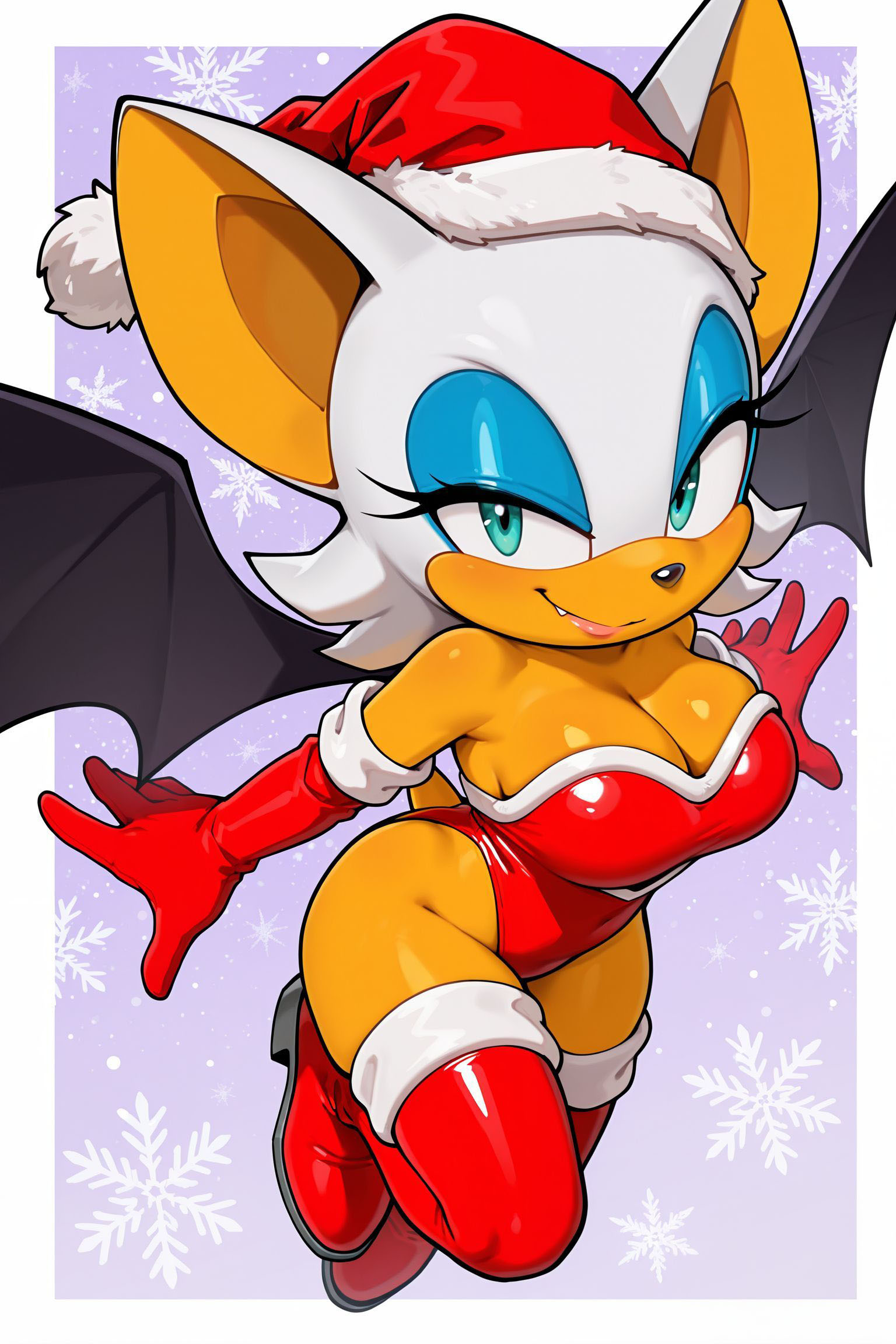 ai generated, animal ears, anthro, bat, bat wings, blue eyeshadow, boots, christmas, cleavage, clothed, clothes, elbow gloves, eyelashes, eyeshadow, fang, female, furry, gloves, green eyes, katalystnya, large ass, large breasts, leotard, lipstick, makeup, red boots, red gloves, red leotard, rouge the bat, santa hat, sega, skin tight, smile, snowflake background, solo, sonic (series), sonic the hedgehog (series), tail, tan skin, thigh high boots, white hair, wings
