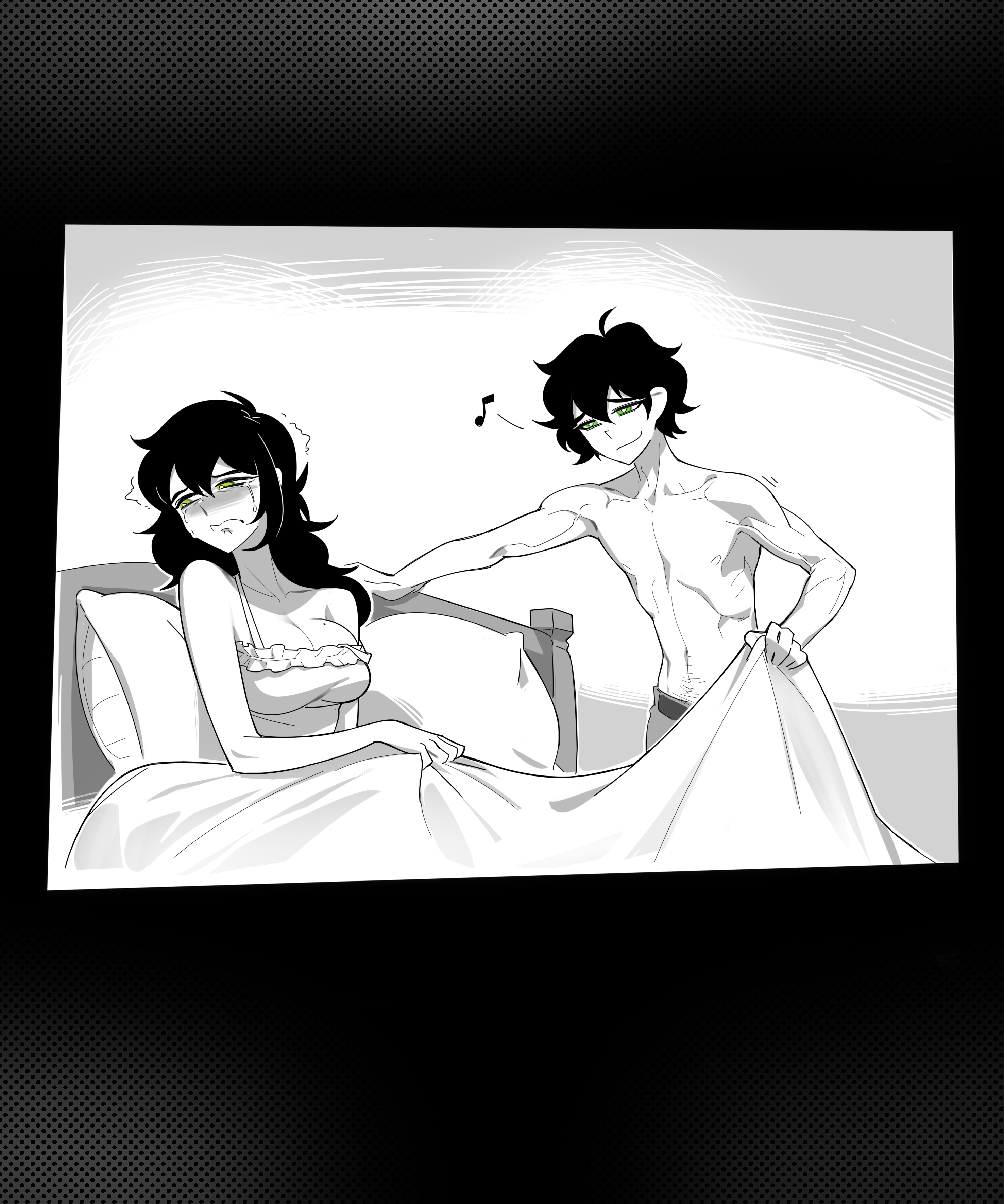1boy, abs, airloopy, andrew graves, black hair, blanket, blush, breasts, crying, female, green eyes, highres, holding, holding blanket, implied incest, long hair, mother and son, muscular, muscular male, nightgown, pale skin, pale-skinned female, pale-skinned male, pillow, renee graves, smug, the coffin of andrew and renee, the coffin of andy and leyley, toned, toned male, topless male, under covers