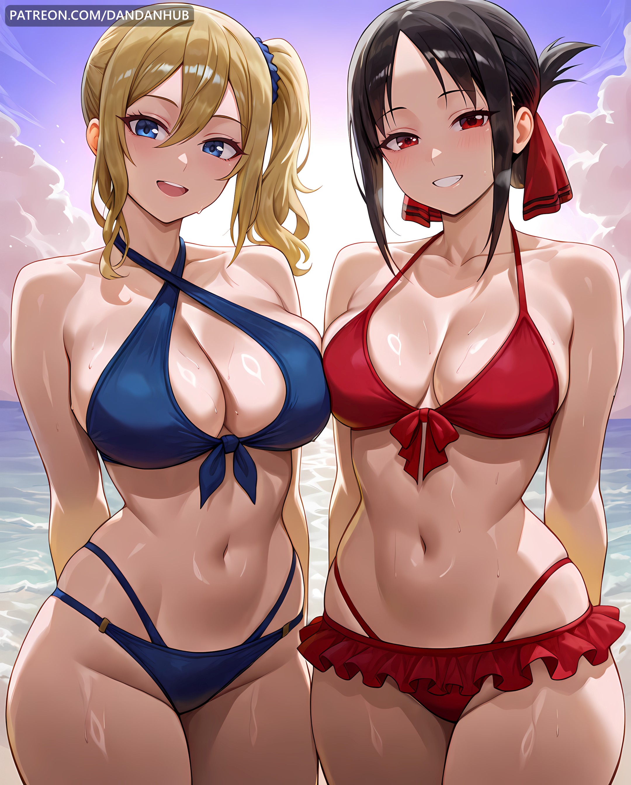:d, 2girls, ai generated, arms behind back, asymmetrical docking, bangs, bare shoulders, beach, bikini, black hair, blonde hair, blue bikini, blue eyes, blue scrunchie, blue sky, blush, breast press, breasts, cleavage, cloud, collarbone, cowboy shot, dandanhub, day, female, female only, folded ponytail, frilled bikini, frills, front-tie bikini top, front-tie top, grin, hair between eyes, hair ornament, hair ribbon, hair scrunchie, halterneck, hayasaka ai, kaguya-sama wa kokurasetai ~tensai-tachi no renai zunousen~, large breasts, long hair, looking at viewer, multiple girls, navel, ocean, open mouth, outdoors, parted bangs, red bikini, red eyes, red ribbon, ribbon, scrunchie, shinomiya kaguya, short hair, side ponytail, sidelocks, skindentation, sky, smile, stomach, swimsuit, teeth, thighs, water, wet