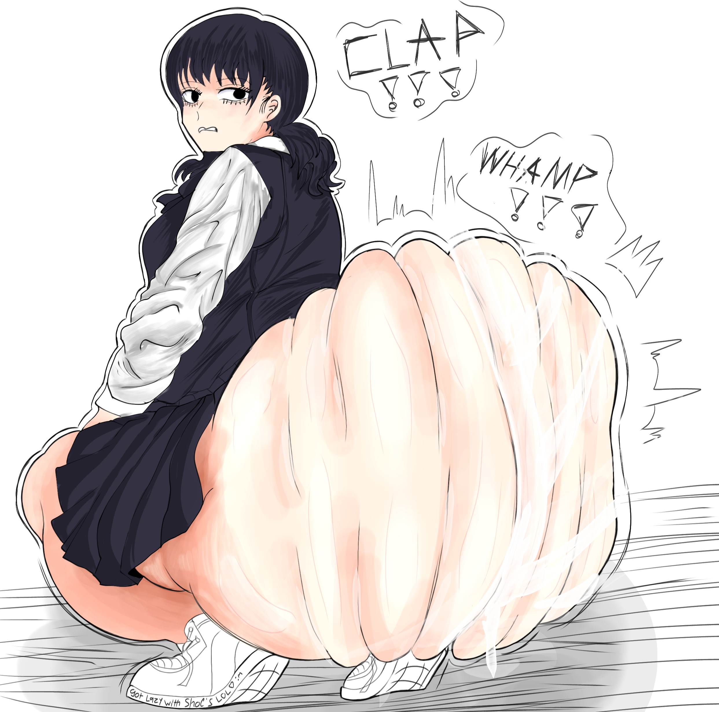 1girls, ass, ass clapping, big ass, black eyes, black hair, bubble ass, bubble butt, chainsaw man, clapping ass, clapping buttocks, from behind, huge ass, large ass, looking back, mitaka asa, no panties, shoes, skirt, solo, squatting, sweater vest, tagme, twerking, twintails, vireltsuki