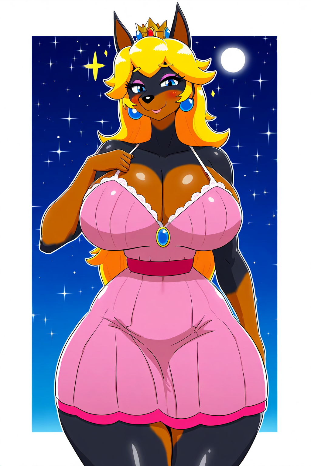 ai_generated anthro blonde_hair blue_eyes breasts_bigger_than_head canid canine cleavage cosplay crown doberman domestic_dog dress earrings eyeshadow female_focus furry_female furry_focus furry_only giant_breasts hands_on_breasts large_breasts long_hair looking_at_viewer majorfluffy mature_female novelai parody pink_dress princess_peach_(cosplay) smile solo solo_female sundress thick_thighs tight_dress wide_hips