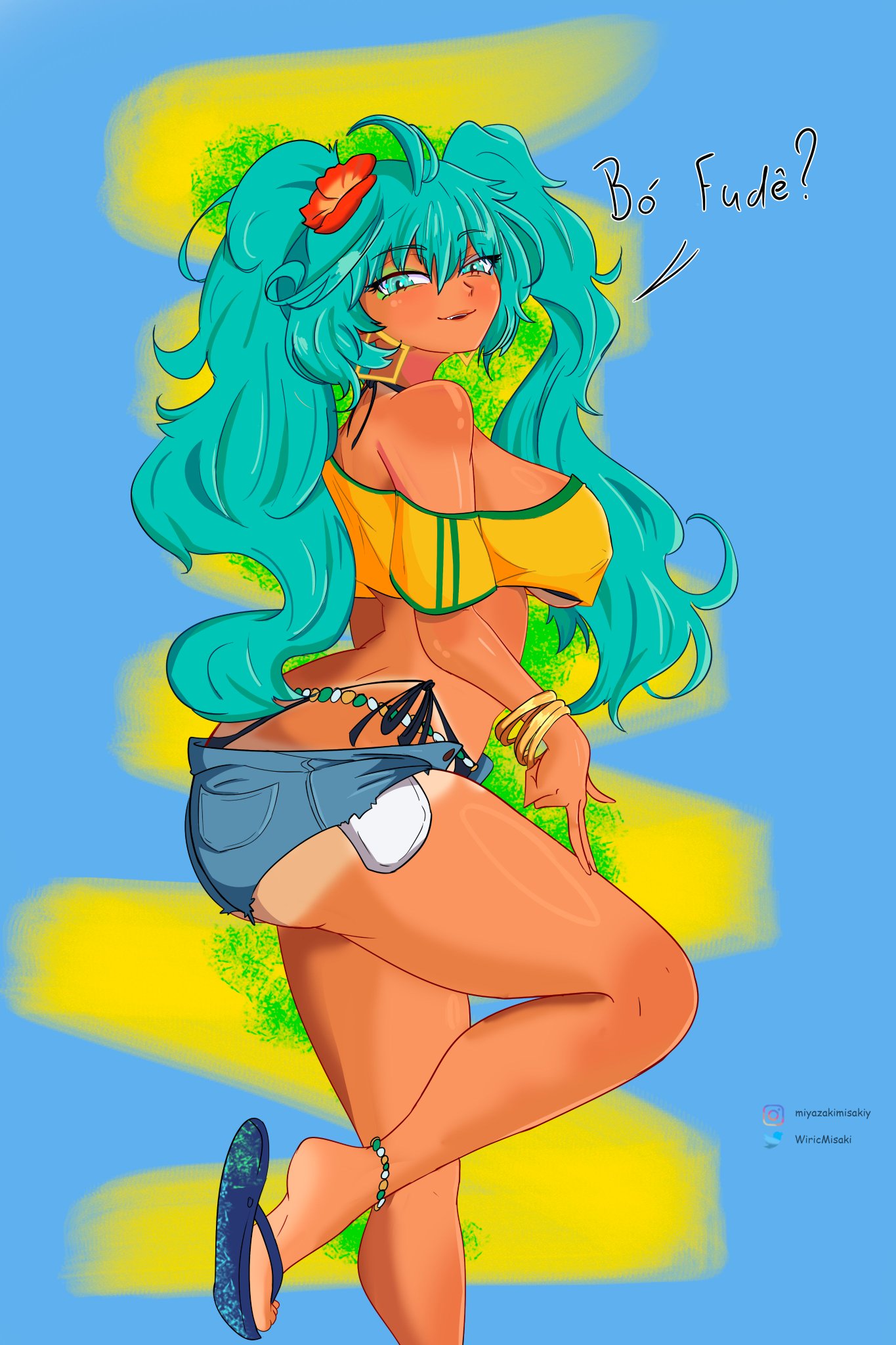 1girls ass brazil brazilian brazilian_female brazilian_miku breasts earrings female female_focus female_only flip_flops hair_ornament hatsune_miku instagram_username jeans_shorts large_breasts latin_american_hatsune_miku_(meme) legs long_hair panties provocative sandals shorts solo tan-skinned_female tan_skin twitter_username vocaloid wirichiroga