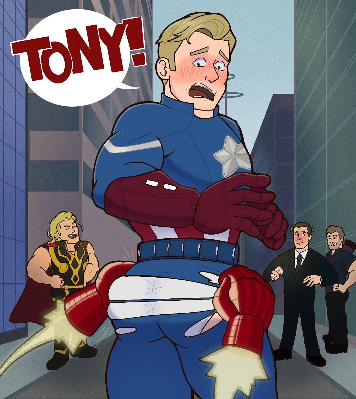 blush bubble_butt captain_america hawkeye looking_back male_only marvel marvel_cinematic_universe marvel_comics no_visible_genitalia pants_rip speech_bubble steve_rogers thor_(series) tvfish-art