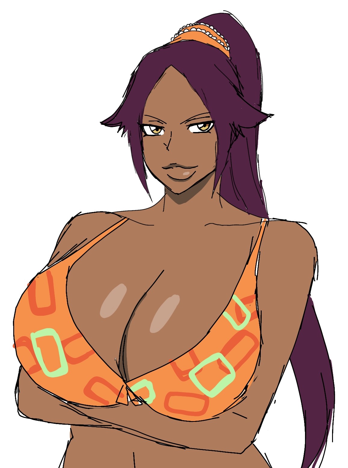 1girls alternate_breast_size big_breasts bikini bleach breasts color dark-skinned_female dark_skin female female_only huge_breasts large_breasts momiji_(artist) orange_bikini orange_swimsuit shihouin_yoruichi shonen_jump shueisha solo swimsuit twitter_link weekly_shonen_jump weekly_shounen_jump