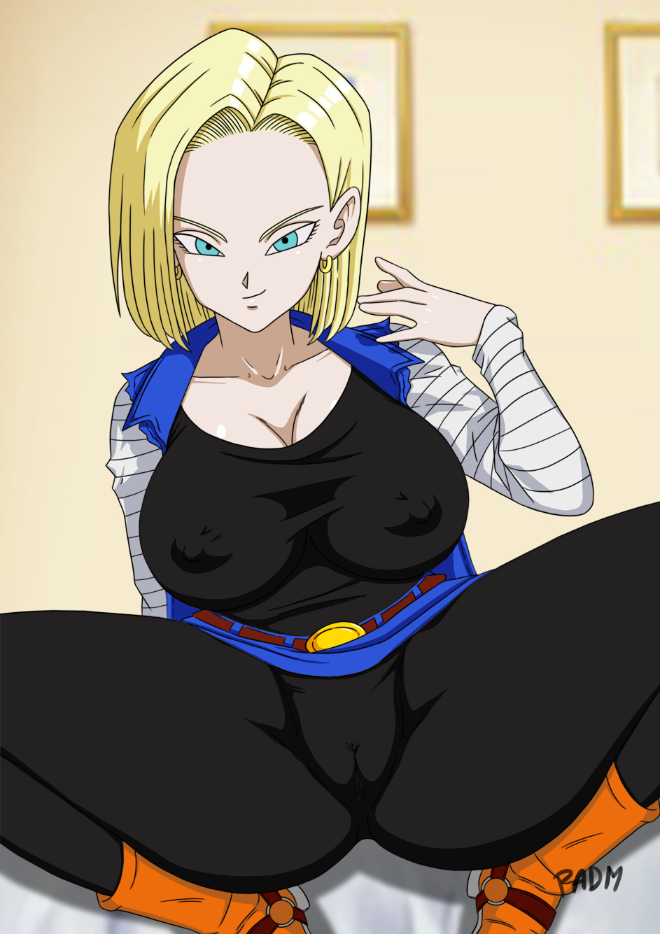 android, android 18, anus, areolae, big breasts, black pants, blonde hair, blue eyes, blush, boots, breasts, bulge, cameltoe, clitoris, clothing, crouching, dragon ball, dragon ball super, dragon ball z, earrings, female, female only, hair, huge breasts, legs, looking at viewer, navel, nipple bulge, nipples, padm, pants, presenting, presenting anus, presenting pussy, pussy, short hair, smile, solo, spread legs, spreading, thick thighs, thighs, tight clothing