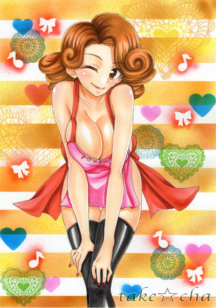 1girls apron artist_name black_legwear blush breasts brown_eyes brown_hair cleavage female female_only human human_only large_breasts lola_(pokemon) marker_(medium) milf mizuho_(pokemon) musical_note nail_polish naked_apron nintendo no_bra no_panties nude pokemon pokemon_(anime) red_nails sketch smile solo takecha text thighhighs traditional_media watermark wavy_hair winking