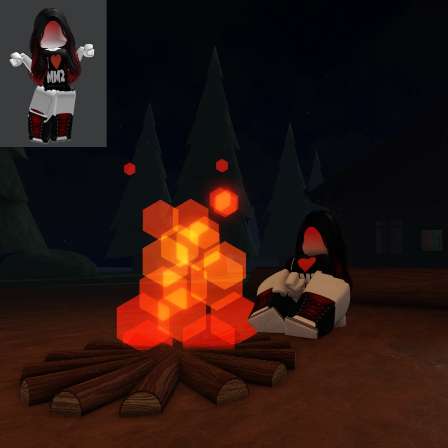 1girls 3d alone black_hair breasts campfire catsulithr34 clothed fireplace forest night outside roblox roblox_avatar robloxian self_upload sitting tagme thighs