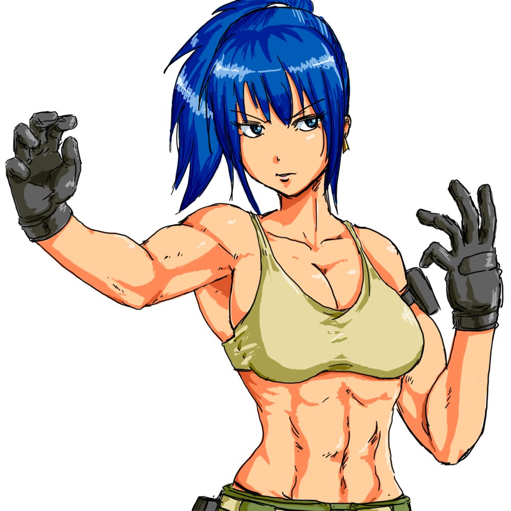 big_breasts big_breasts blue_eyes blue_hair earrings female female gloves king_of_fighters leona_heidern light-skinned_female light_skin long_hair military_clothing muscular muscular_female tank_top tied_hair yellow_tank_top