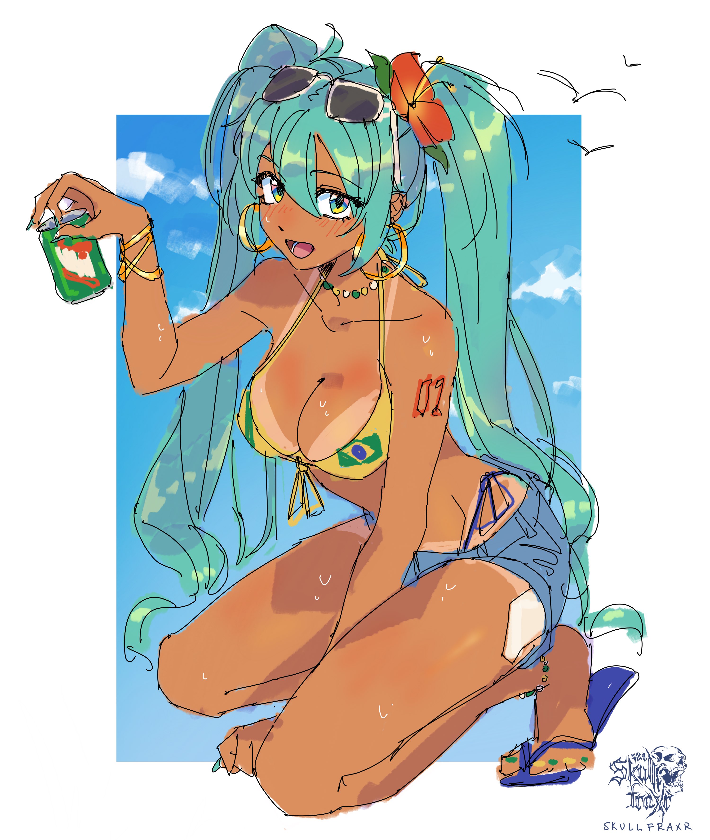 :d, 1girl, 1girls, anklet, aqua eyes, aqua hair, aqua nails, ass, big ass, big thighs, bikini, bikini top, blue hair, blue shorts, blue sky, blush, bracelet, brazil, brazilian, brazilian female, brazilian miku, breasts, can, cleavage, clothed, collarbone, cyan eyes, cyan hair, day, denim, denim shorts, earrings, eyewear on head, female, female only, flip flops, flower, flower in hair, front-tie top, green eyes, hair between eyes, hair flower, hair ornament, hatsune miku, hibiscus, holding, hoop earrings, jewelry, kneeling, large breasts, latin american hatsune miku (meme), long hair, looking at viewer, medium breasts, nail polish, necklace, open mouth, sandals, shirt, short shorts, shorts, side-tie bikini bottom, sketch, skull fraxr, sky, smile, soda can, solo, squatting, sunglasses, sunglasses on head, sweat, swimsuit, tan, tan body, tan skin, tan-skinned female, tanlines, tattoo, thick hips, thick thighs, thighs, thong, twintails, very long hair, vocaloid, yellow shirt