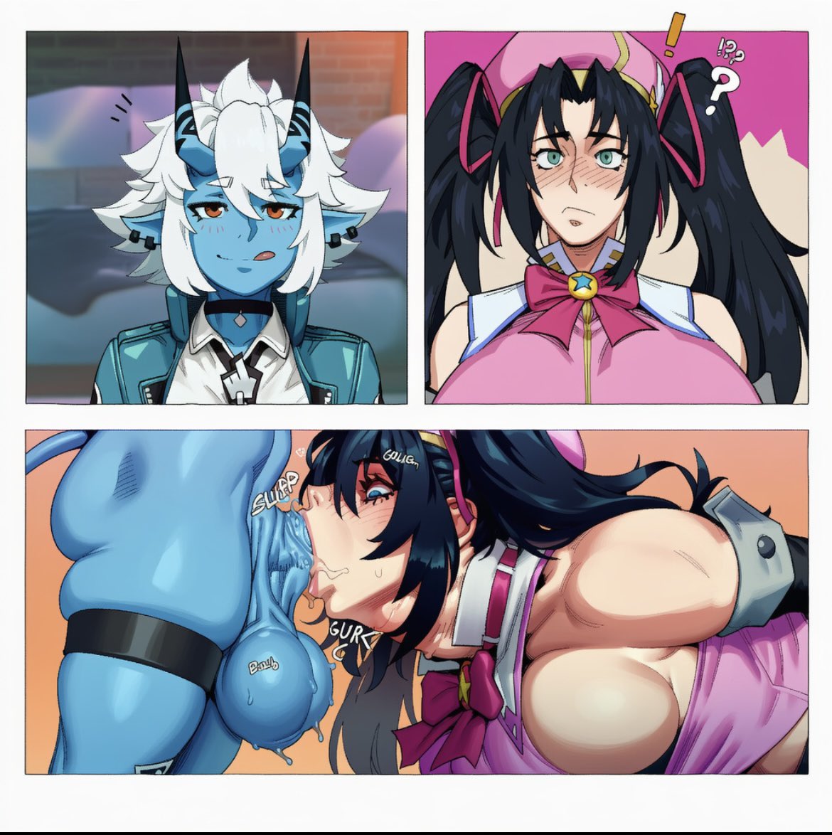 ?, 1futa, 1girls, 2d, 3koma, ai generated, ai text, anthro, balls, bare shoulders, beret, big balls, big breasts, big penis, big testicles, black hair, blue body, blue skin, blush, breasts, choker, clothes, clothing, colored skin, cuffs, cuffs (clothing), deepthroat, demon, demon futa, demon girl, demon horns, demon tail, earrings, elbow gloves, erection, fellatio, female, futa on female, futa with female, futanari, gloves, green eyes, hair between eyes, hat, high school dxd, horns, huge balls, huge breasts, huge cock, huge testicles, jacket, large balls, large breasts, large penis, large testicles, licking lips, long hair, necktie, oni, oni female, oni futa, oni horns, onilapper, open jacket, oral, oral penetration, oral sex, penetration, penis, pointy ears, red eyes, ribbon, saliva, serafall leviathan, sex, shirt, short hair, sideboob, size difference, small but hung, small dom big sub, smaller futa, soukaku (zenless zone zero), sweat, tail, testicles, text, thick penis, thick thighs, thigh strap, throat bulge, throat fuck, tongue, twintails, white hair, zenless zone zero