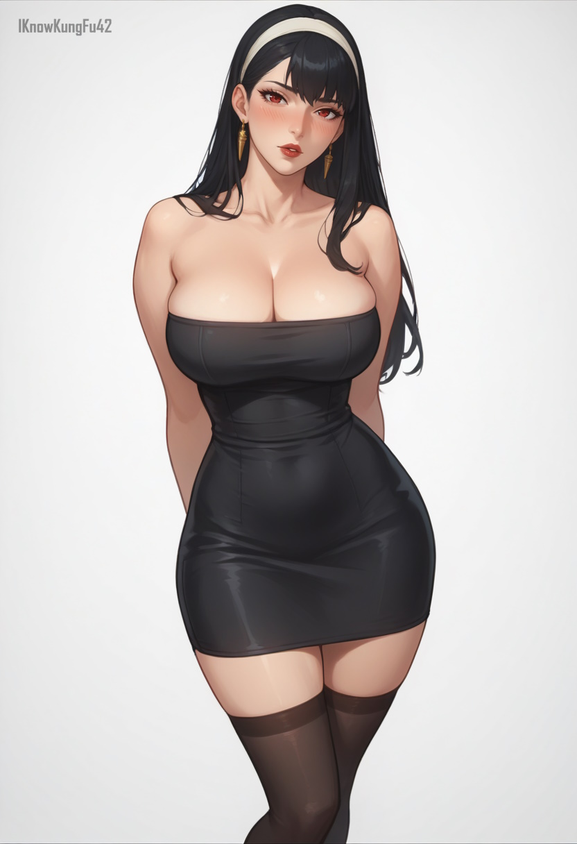 1girls ai_generated alternate_costume arms_behind_back artist_name bangs bare_shoulders big_breasts black_clothing black_dress black_hair blush breasts cleavage clothed clothing dress earrings eyelashes female female_only hairband hips hourglass_figure human iknowkungfu42 large_breasts light-skinned_female light_skin lips long_hair looking_at_viewer parted_lips red_eyes red_lips red_lipstick simple_background solo spy_x_family stockings strapless thighhighs thighs white_background wide_hips yor_briar yor_forger zettai_ryouiki