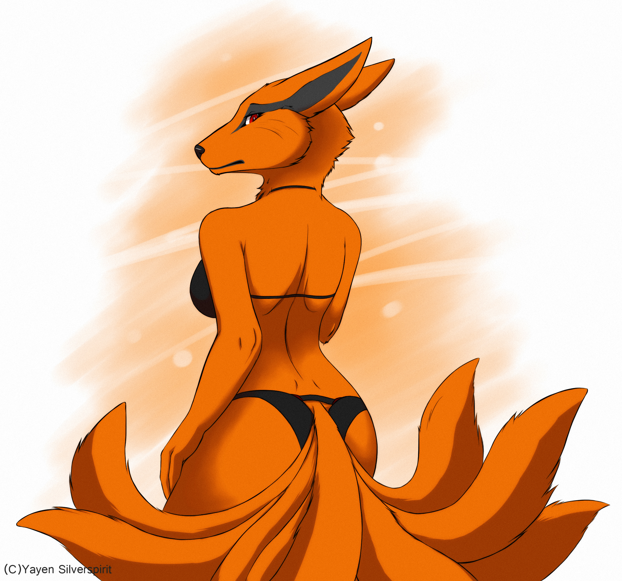 anthro, anthro only, ass, bikini, biped, black fur, black lips, black markings, black nose, canine, cheek tuft, clothed, clothing, ears back, eyebrows, facial markings, female, female kurama (naruto), fox, fur, furgonomics, furry, furry only, hand on thigh, hi res, humanoid hands, kurama, long ears, looking at viewer, looking back, mammal, markings, multi tail, multicolored fur, naruto, naruto (series), orange fur, pointy ears, portrait, raised eyebrow, rear view, red eyes, rule 63, shaded, simple background, snout, solo, standing, swimsuit, tail, textured background, three-quarter portrait, tuft, two-tone fur, yayen silverspirit