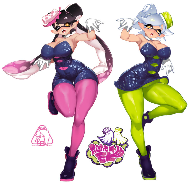 2girls breasts callie_(splatoon) cleavage detached_collar female full_body green_pantyhose hair hair_ornament inkling inkling_girl large_breasts little_blood long_hair looking_at_viewer marie_(splatoon) multiple_girls nintendo one_eye_closed open_mouth pantyhose pink_hair pointy_ears simple_background splatoon splatoon_(series) splatoon_1 tagme tentacle tentacle_hair tongue two_tone_hair white_background wink winking_at_viewer