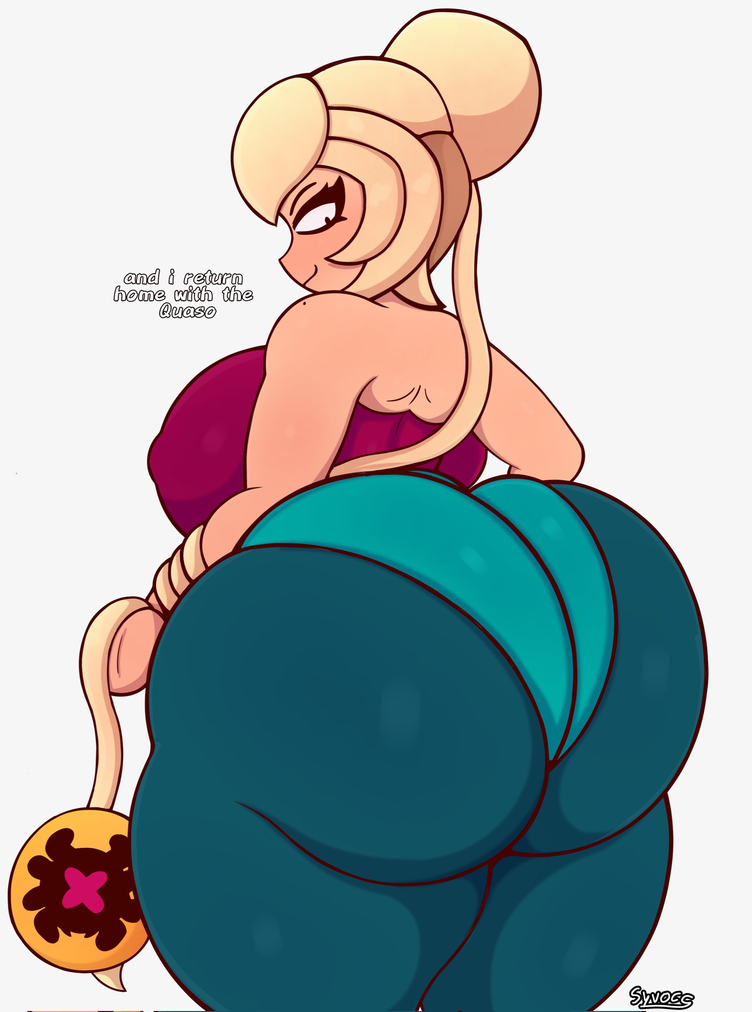 ass, ass body, big ass, big breasts, blonde hair, brawl stars, breasts, charlie (brawl stars), clothed, female, huge ass, huge breasts, massive ass, massive breasts, spider, syvocg, text