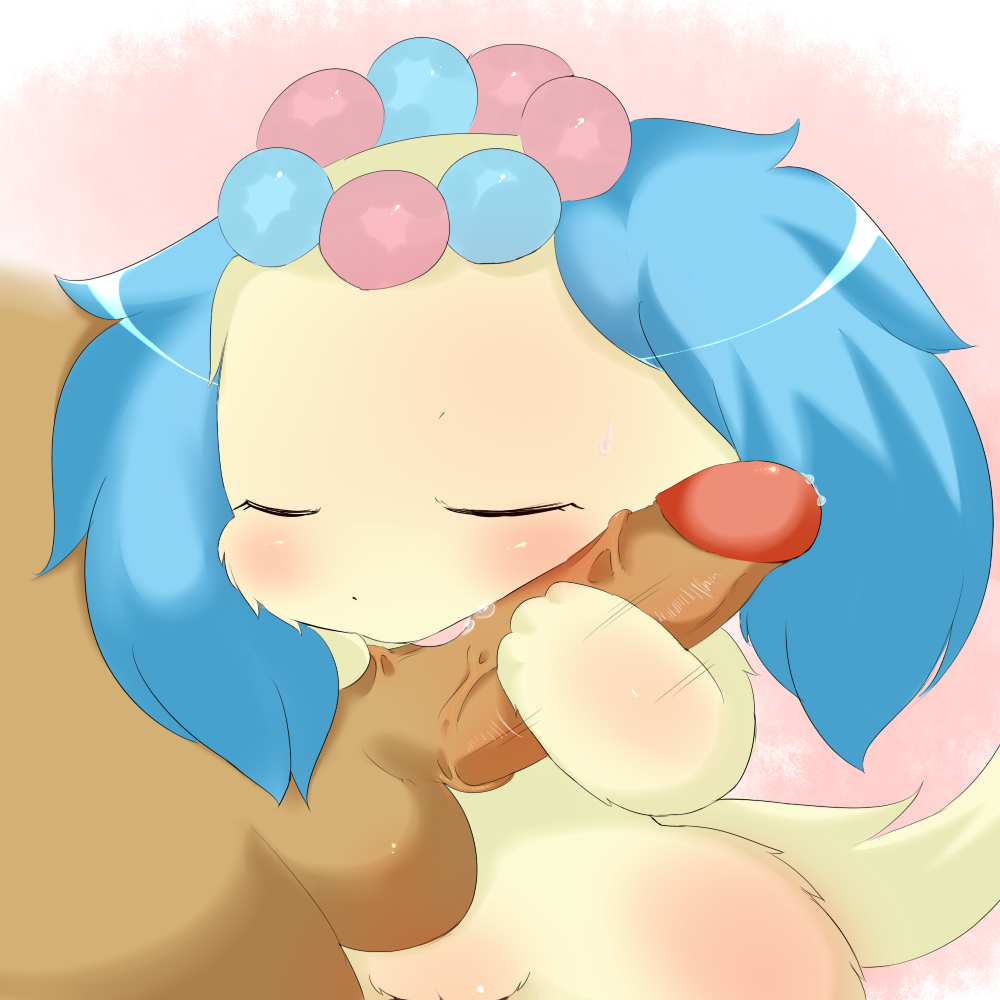 1boy 1girls blush canine carm closed_eyes duo erection faceless_male fellatio female feral human interspecies jewelpet jewelpet_(species) male mammal oral penis precum sapphie_(jewelpet) sex simple_background size_difference straight