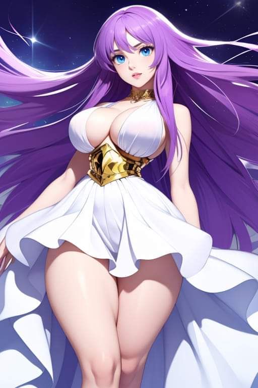 1girls ai_generated athena_(saint_seiya) big_ass big_breasts big_butt breasts breasts_focus deity dress eyebrows eyelashes fat_breasts female female_focus female_only goddess hips legs legs_together light-skinned_female light_skin long_hair purple_hair saint_seiya saori_kido shounen_jump solo solo_female solo_focus thick_thighs thighs very_long_hair voluptuous_female white_dress wide_hips