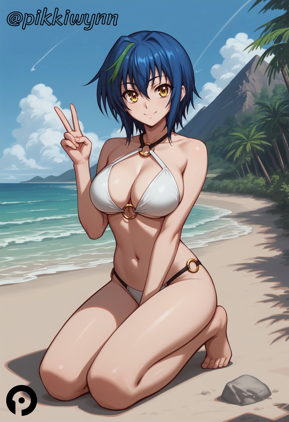 ai_generated bare_shoulders barefoot beach bikini blue_hair blue_sky breasts cleavage closed_mouth cloud day female full_body green_hair hair_between_eyes high_school_dxd kneeling large_breasts looking_at_viewer multicolored_hair navel o-ring o-ring_bikini o-ring_bottom o-ring_top ocean outdoors palm_tree pikkiwynn rock sand short_hair sky smile solo streaked_hair swimsuit thighs tree two-tone_hair v white_bikini xenovia_quarta yellow_eyes