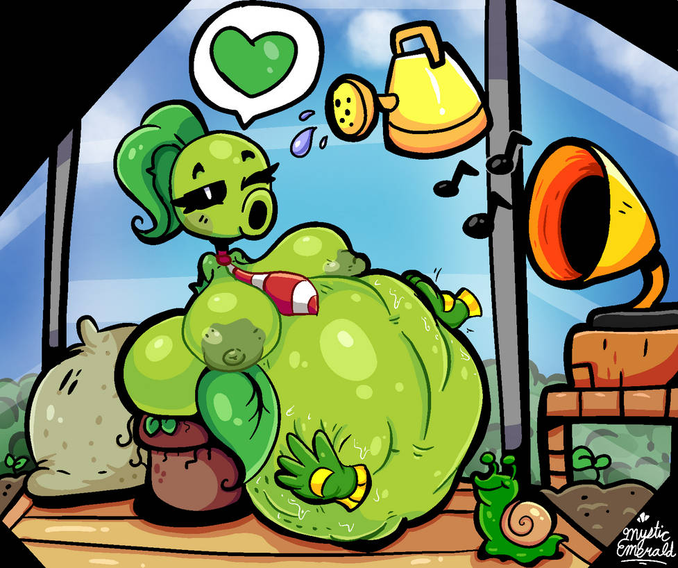 belly belly_bulge belly_rub female female_pred flora_fauna green_body green_skin greenhouse heart_symbol mysticemerald_(artist) nitrobutter peashooter_(pvz) plant plant_girl plant_humanoid plantie plants_vs._zombies plants_vs_zombies rubbing rubbing_belly smug_face tagme vore vore_belly wink winking winking_at_viewer