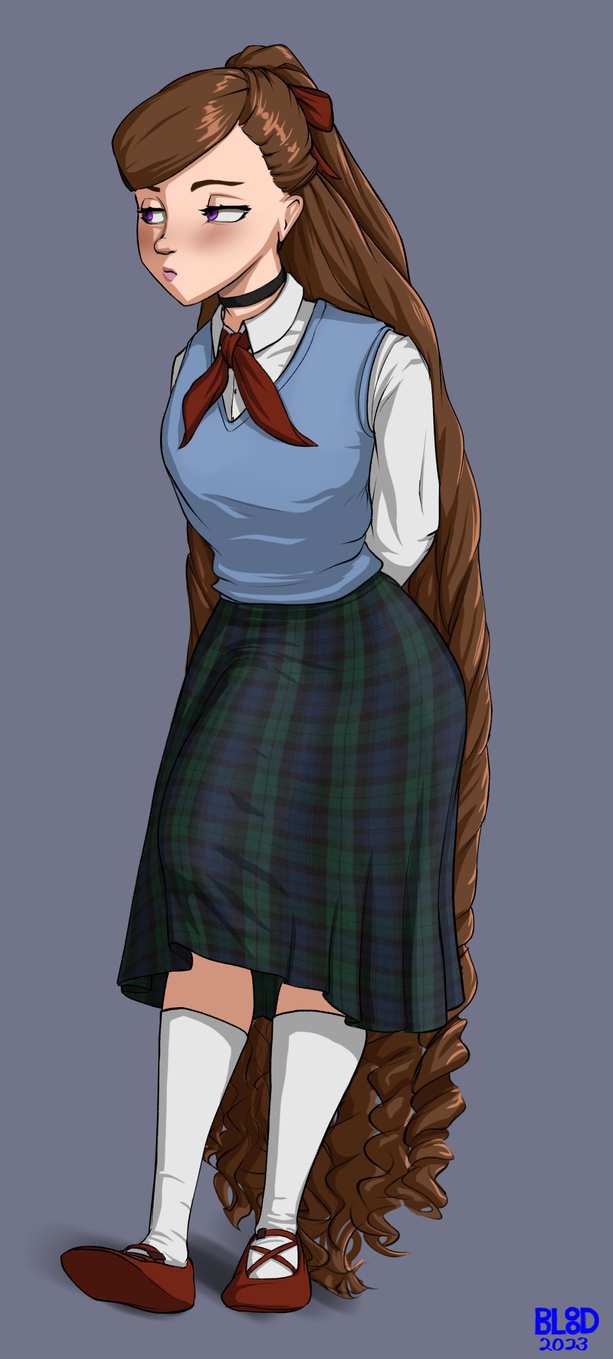 1futa 2023 bluebl8d brown_hair bulge clothed clothing dated flaccid fully_clothed futa_only futanari huge_cock human large_penis light-skinned_futanari light_skin long_hair morgan_(bluebl8d) penis_under_clothes plaid plaid_skirt purple_eyes skirt solo standing