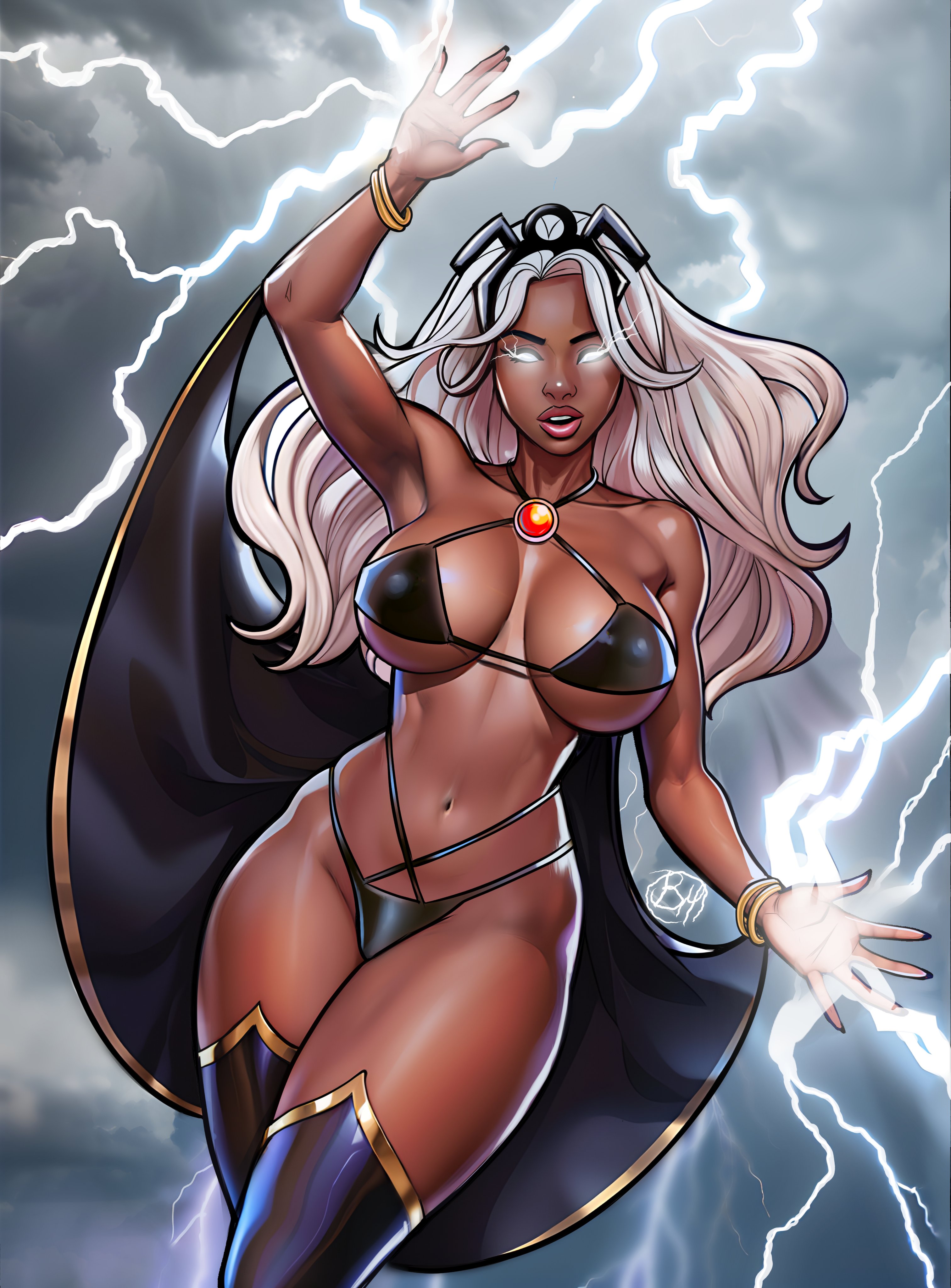 1girls, bikini, breasts, brian miroglio, cape, cleavage, dark skin, dark-skinned female, female, female only, glowing eyes, large breasts, long hair, marvel, marvel comics, ororo munroe, revealing clothes, silver hair, skimpy clothes, storm (x-men), thick thighs, thighhighs, voluptuous, white hair, x-men
