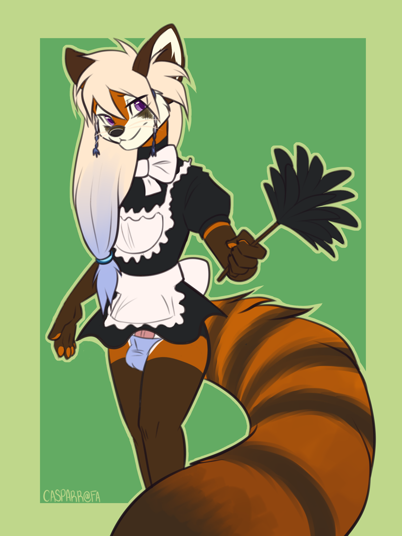 2016 anthro blonde_hair blue_hair bow_tie braided_hair brown_fur casparr crossdressing erection erection_under_clothes feather_duster foreshortening front_view fur furry girly gloves_(marking) green_background hair lokkun long_tail looking_at_viewer maid_uniform male mammal markings multicolored_fur multicolored_hair panties penis penis_base poking_out ponytail portrait purple_eyes red_panda simple_background skimpy solo standing striped_tail stripes three-quarter_portrait tied_hair two_tone_hair underwear uniform whiskers white_fur