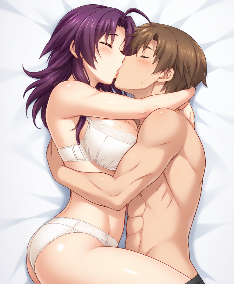 1boy abs ai_generated arms_around_neck ass azuma_marina bed big_breasts black_underwear brown_hair couple cuddling female female hugging isogil kashidashi_tsuma_marina_no_"netorase"_houkoku_binkan_tsuma_to_zetsurin_daigakusei kissing kissing muscles muscular_male nude pectorals purple_hair white_bra white_panties yellow_eyes