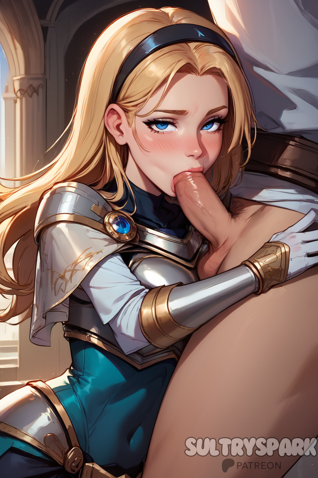 1girls, ai generated, artist name, blonde female, blonde hair, blonde-haired female, blowjob, blowjob face, blue eyes, breasts, character, chest, female, futarush, league of legends, league of legends: wild rift, long hair, luxanna crownguard, medium breasts, patreon, patreon username, riot games, sultryspark, video game, video games