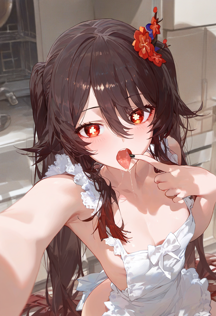 ai_generated apron bangs bare_shoulders blush breasts brown_hair collarbone female flower foreshortening genshin_impact hair_between_eyes hair_ornament hu_tao_(genshin_impact) indoors kitchen long_hair looking_at_viewer meyro naked_apron open_mouth outstretched_arm reaching_out red_eyes self_shot small_breasts solo tongue tongue_out very_long_hair white_apron