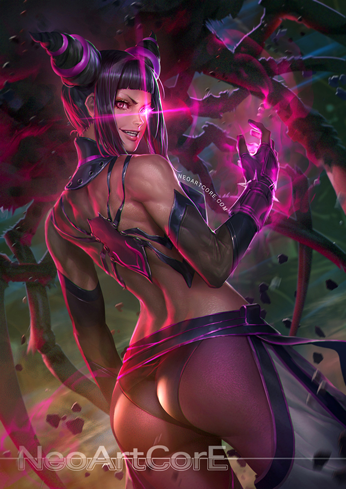 1girls, artist name, ass, aura, back, black hair, capcom, clothed female, drill hair, evil grin, evil smile, female, female only, fully clothed, gloves, glowing, glowing eyes, grin, juri han, looking at viewer, looking back, magic, muscles, neoartcore, pants, pink eyes, purple hair, smile, solo, spider, street fighter, toned, toned female
