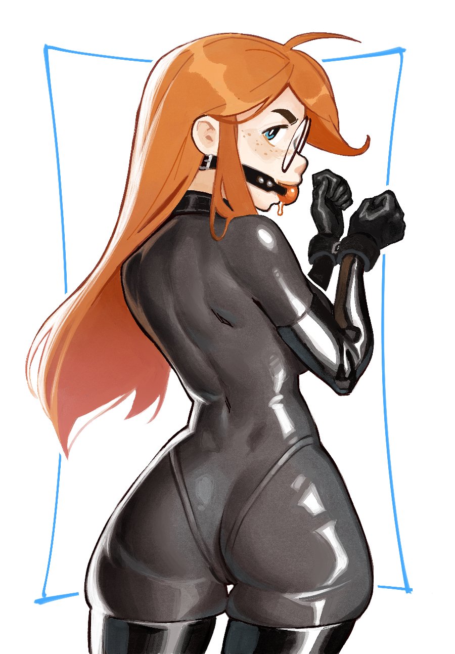 1girls, ass, ball gag, big breasts, black bodysuit, black boots, blue eyes, bodysuit, bondage, boots, bound, breasts, collar, drool, drooling, earrings, effyneprin, female, freckles, from behind, gag, gagged, ginger, glasses, gloves, latex, latex bodysuit, latex suit, latex thighhighs, light skin, long hair, looking at viewer, looking back, mask, no bra, no panties, orange hair, original character, red hair, saliva, shiny clothes, sidelocks, sineprin, siri jay, skin tight, solo, thick, thick ass, thick thighs, thigh boots, thigh highs, thighs, tight clothing