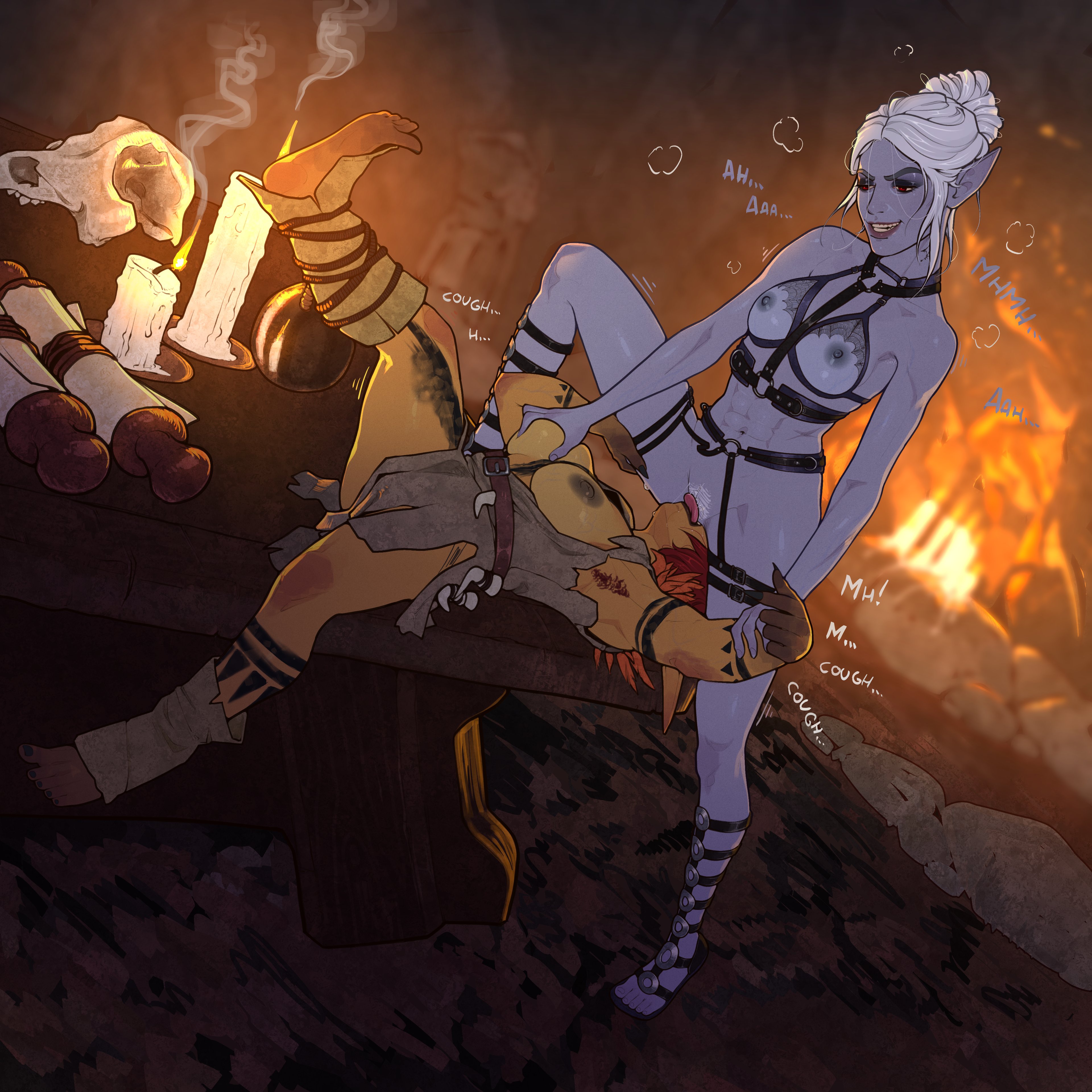 2girls, armpit hair, armpits, baldur's gate, baldur's gate 3, blue skin, bondage, cunnilingus, drow, dungeons and dragons, facesitting, female, female armpit hair, female only, female/female, femdom, galaad1800, goblin, goblin female, green skin, larian studios, minthara, on stomach, pointy ears, red hair, riding, riding face, sadomasochism, sazza, tied up, white hair, yuri