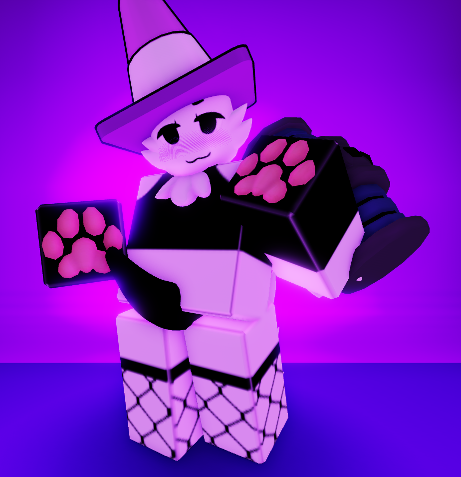 1boy 3d artist_request black_crop_top black_penis blocky_body cheek_tuft chest_tuft cone crop_top fishnets looking_at_viewer looking_down_at_viewer paws purple_background purple_light roblox robloxian rule_63 smiling solo solo_focus solo_male source_request tagme tentacle_penis white_skin