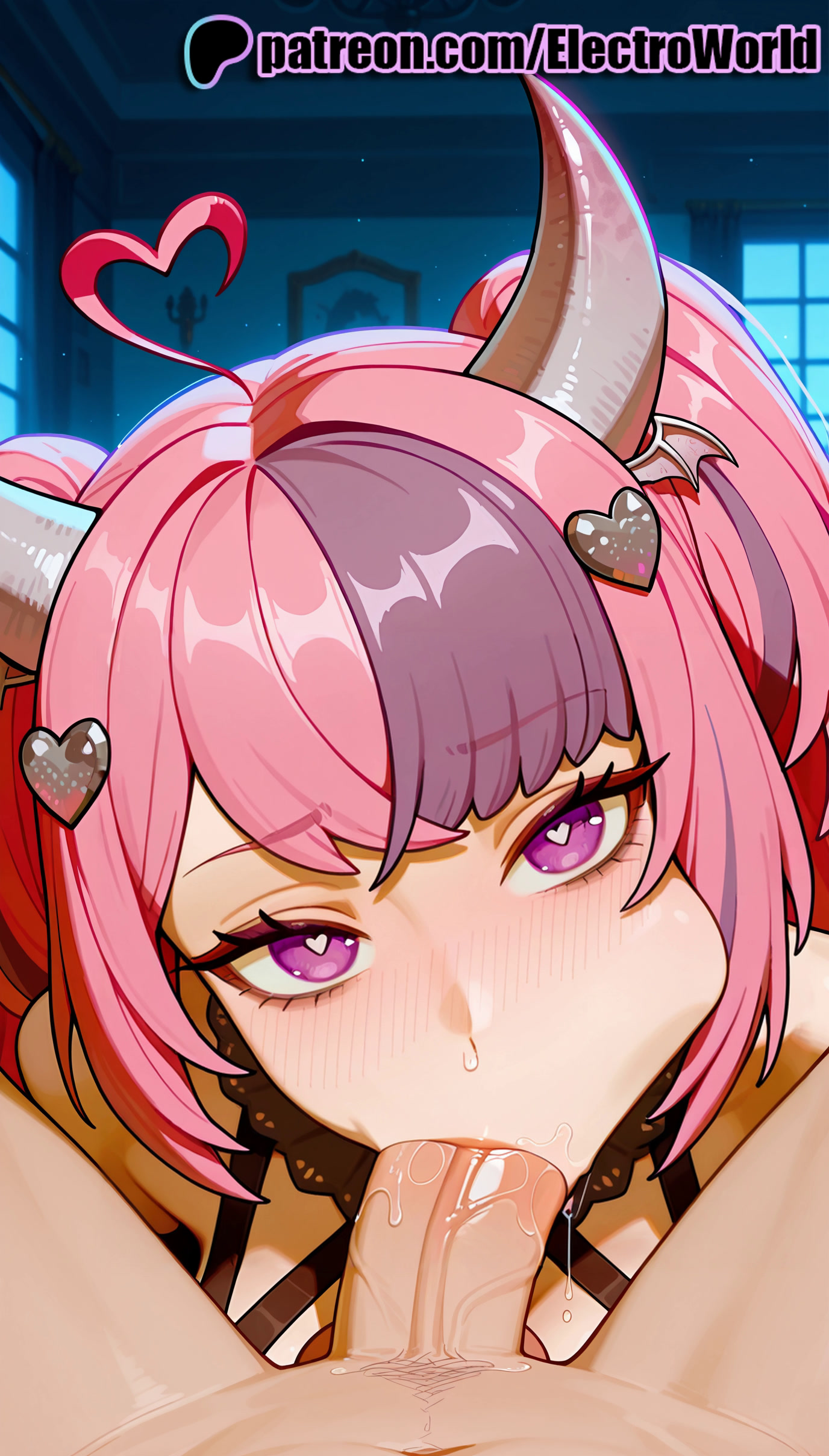 1boy, 1girls, 2025, ahoge, ai generated, artist name, bangs, blowjob, blowjob face, blush, cock, dick, electroworld, eyebrows visible through hair, fellatio, female, hair ornament, hi res, high quality, high resolution, highres, indoors, ironmouse, licking, male, oral, oral sex, patreon, patreon username, penis, pink hair, purple eyes, solo focus, stable diffusion, straight, sucking, tagme, virtual youtuber, vshojo, vtuber, watermark, window