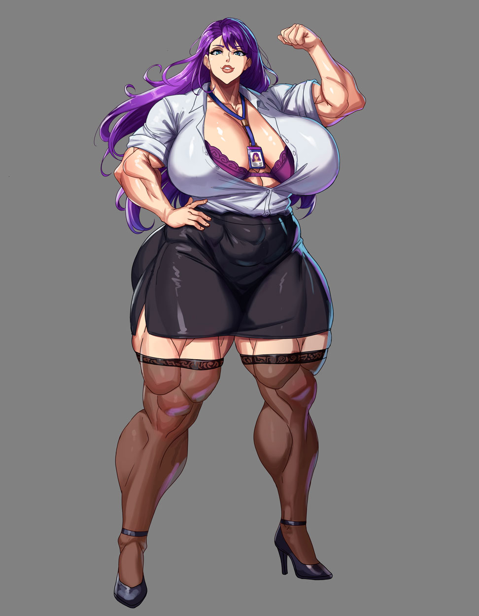 1girls alternate_version_available big_breasts blue_eyes bra busty curvy detailed_background eyelashes female female_only flexing front_view hand_on_hip high_heels hourglass_figure huge_muscles human id_tag long_hair looking_at_viewer muscle muscular muscular_female original_character pose posing purple_hair saxwakuy shadow shiny shiny_skin skirt solo solo_female spread_legs spreading standing sweat thick_thighs voluptuous wide_hips