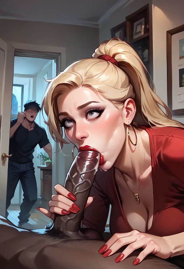 1girls, 2boys, ai generated, artist request, big penis, cuck, cuckold, dark skin, dark-skinned male, female, interracial, light skin, light-skinned female, light-skinned male, male, netorare, netorase, ntr, original character, penis, red hair, surprised