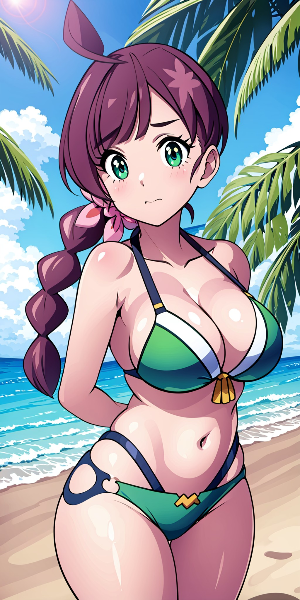 1girls ai_generated beach beach_background belly belly_button big_breasts bikini braid braided_hair breasts chloe_(pokemon) cleavage collarbone female female_focus female_only game_freak gamefreak green_bikini green_eyes large_breasts light-skinned_female light_skin long_hair nintendo ocean ocean_background pokemon pokemon_(anime) pokemon_journeys purple_hair revealing_clothes ryuzam sideboob single_braid solo standing thick_thighs thighs thin_waist tied_hair